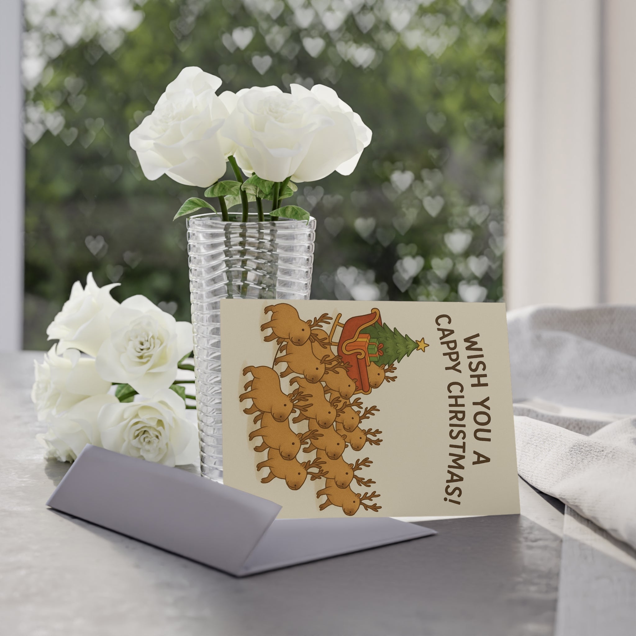 Holiday Card — "Wish You a Cappy Christmas!" Cute Reindeer & Sleigh Christmas Card