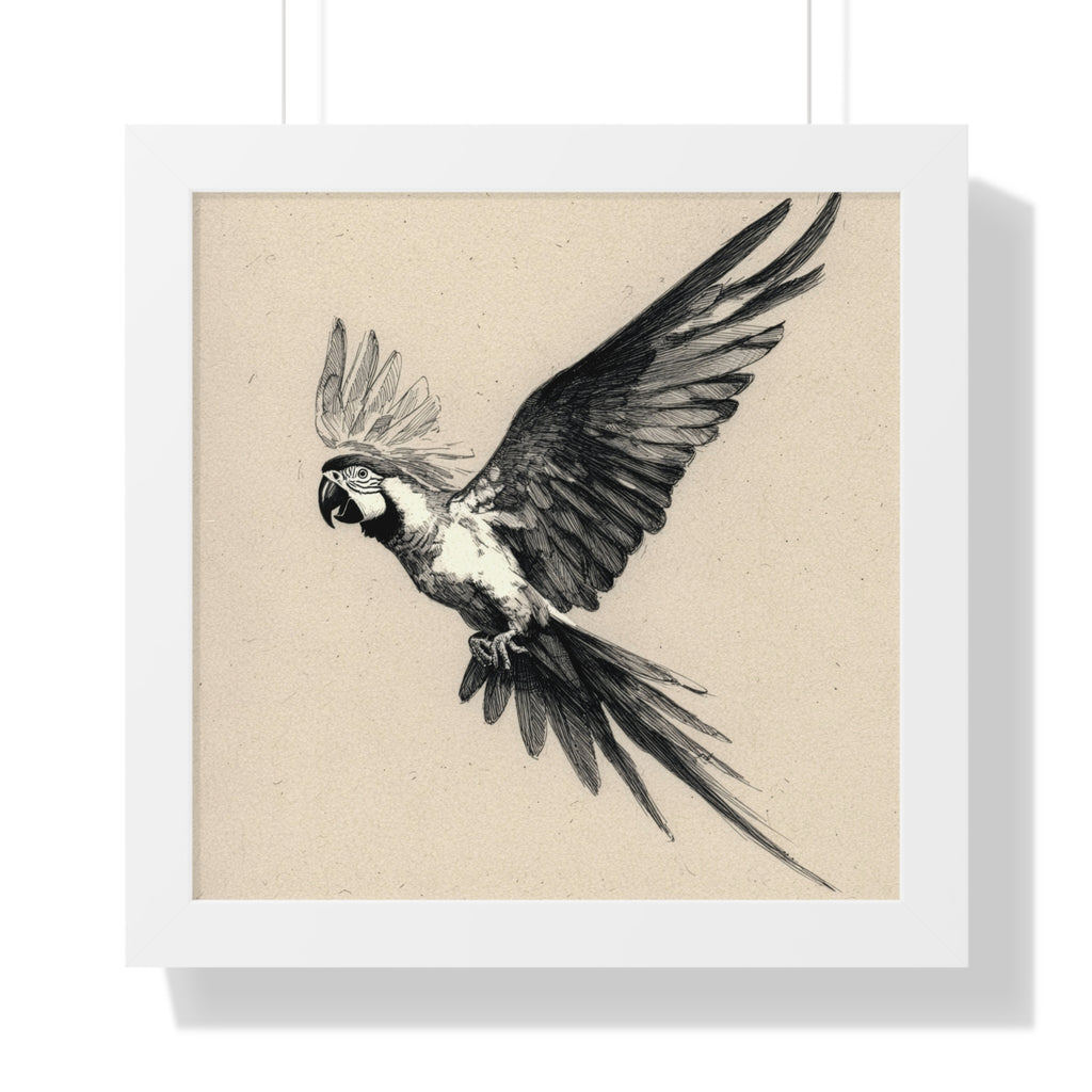 Framed Parrot Art Print — Vintage Black & White Aviary Poster