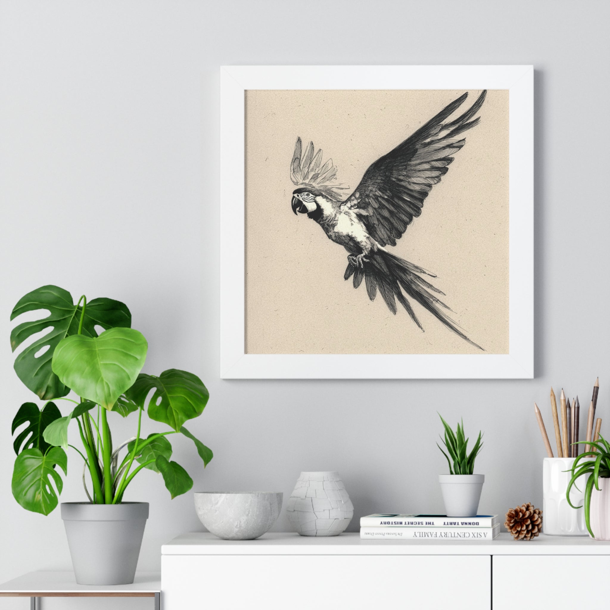 Framed Parrot Art Print — Vintage Black & White Aviary Poster