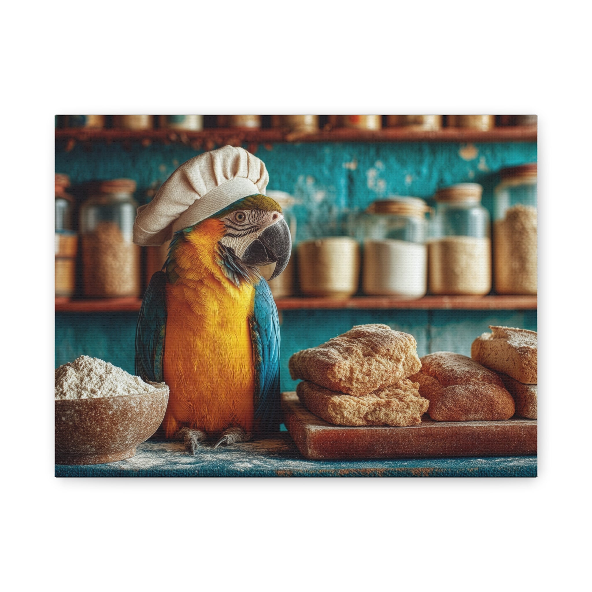 Parrot Chef Canvas Art — Matte Stretched Wall Art for Kitchen & Bakery Decor