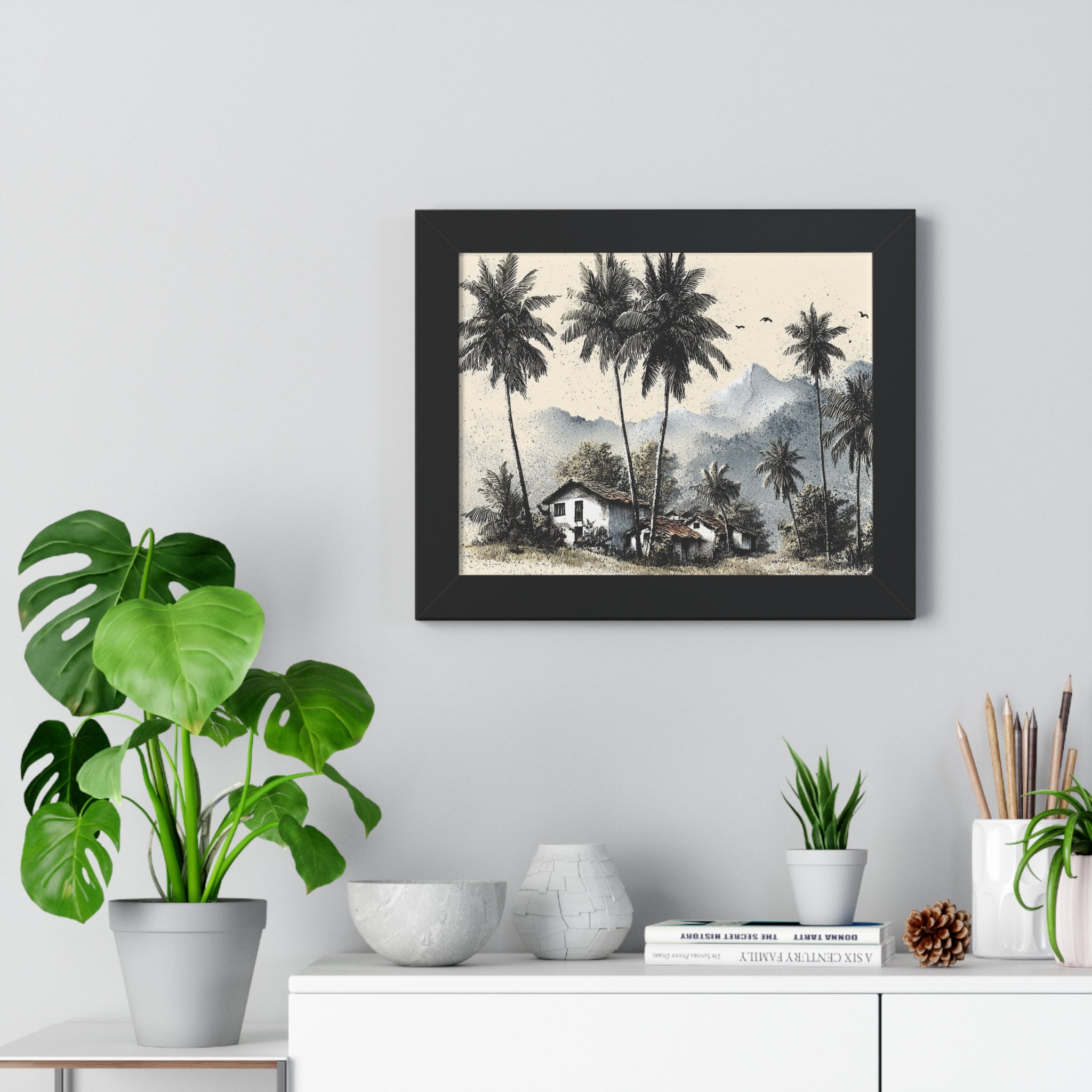 Framed Poster — Tropical Palm Cottage Wall Art (Horizontal)