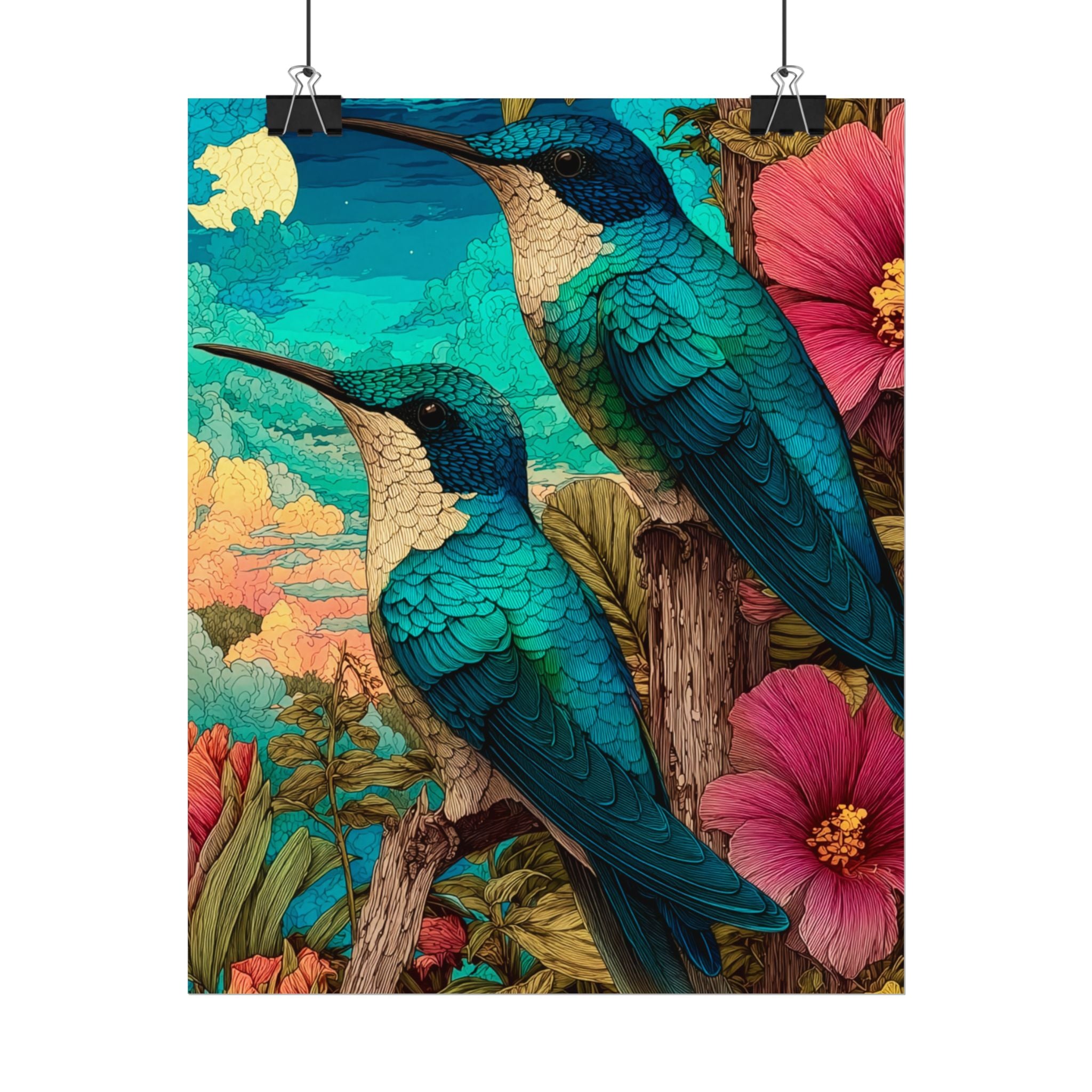 Hummingbird Watercolor Art Poster — Textured Matte Nature Print