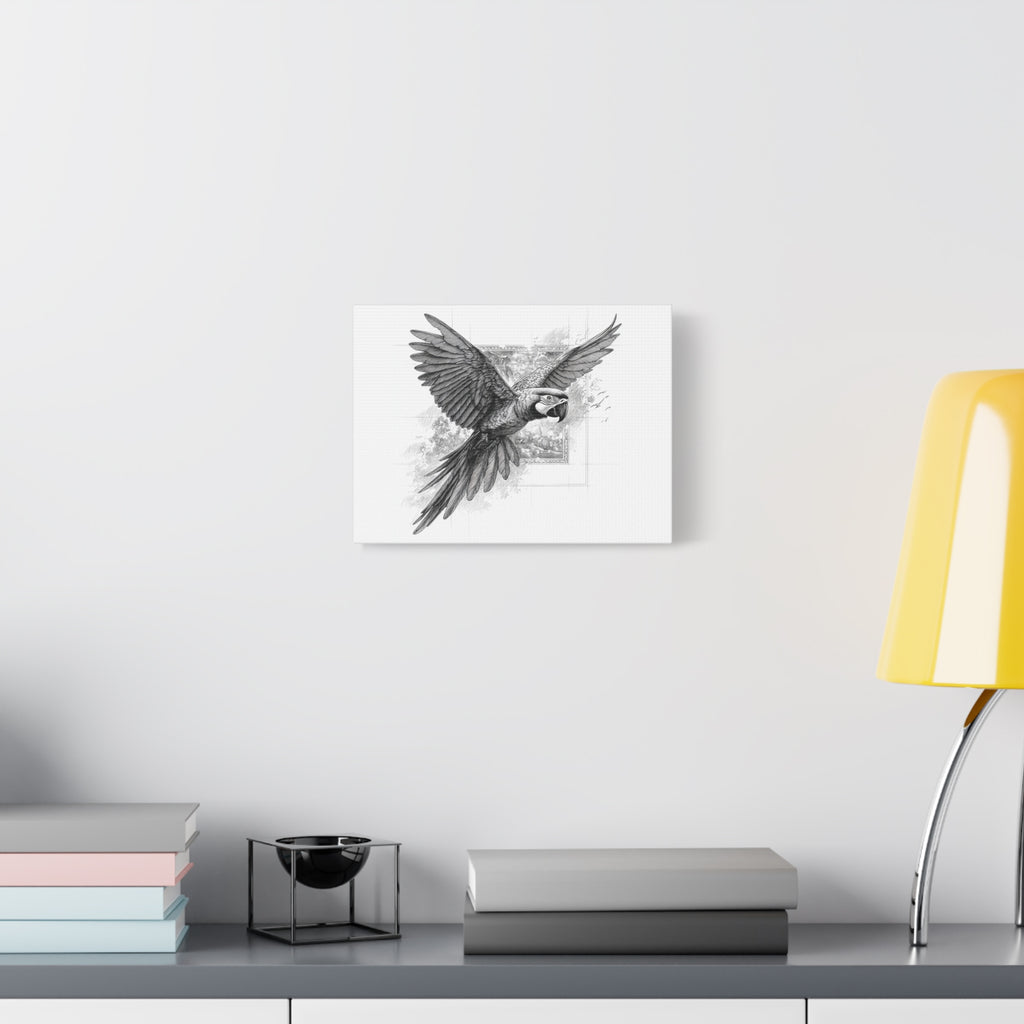 Flying Parrot Canvas Print — Detailed Black & White Macaw Wall Art (Matte Stretched)