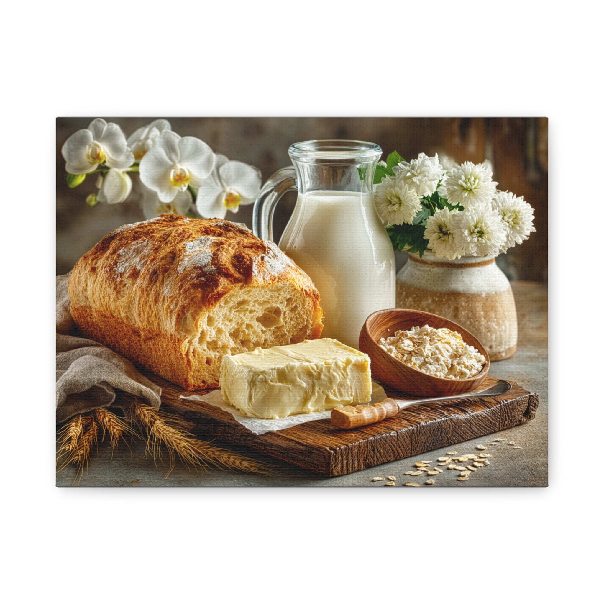Kitchen Wall Canvas — "Milk, Butter, Bread, and Orchids" Stretched Matte Print