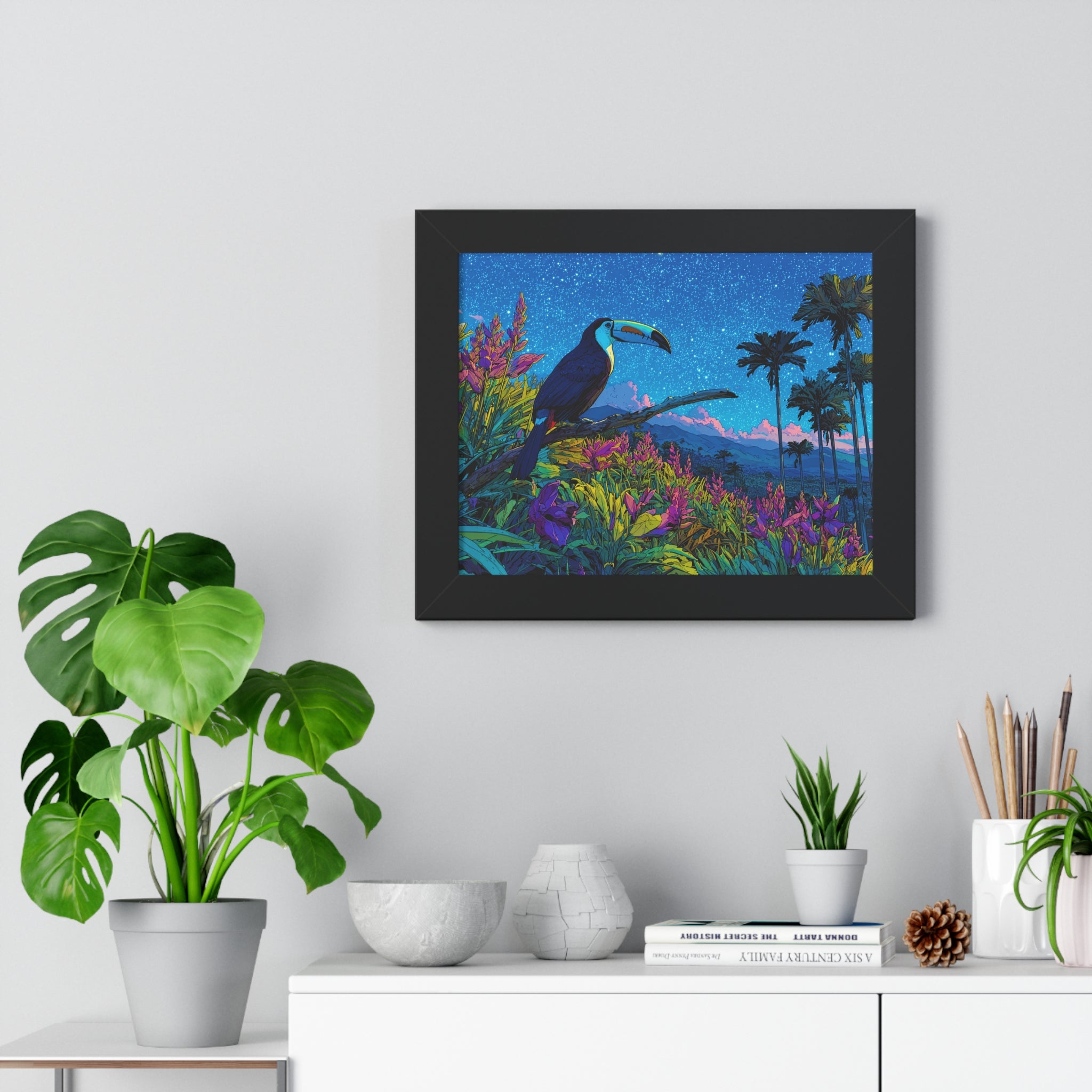 Framed Tropical Toucan Poster — Vibrant Night Jungle Wall Art
