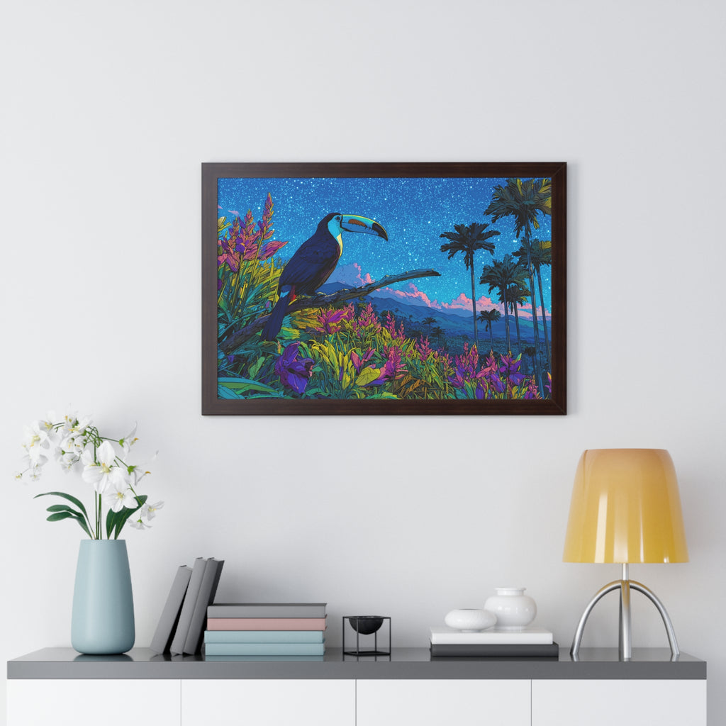 Framed Tropical Toucan Print — Vibrant Night Jungle Wall Art