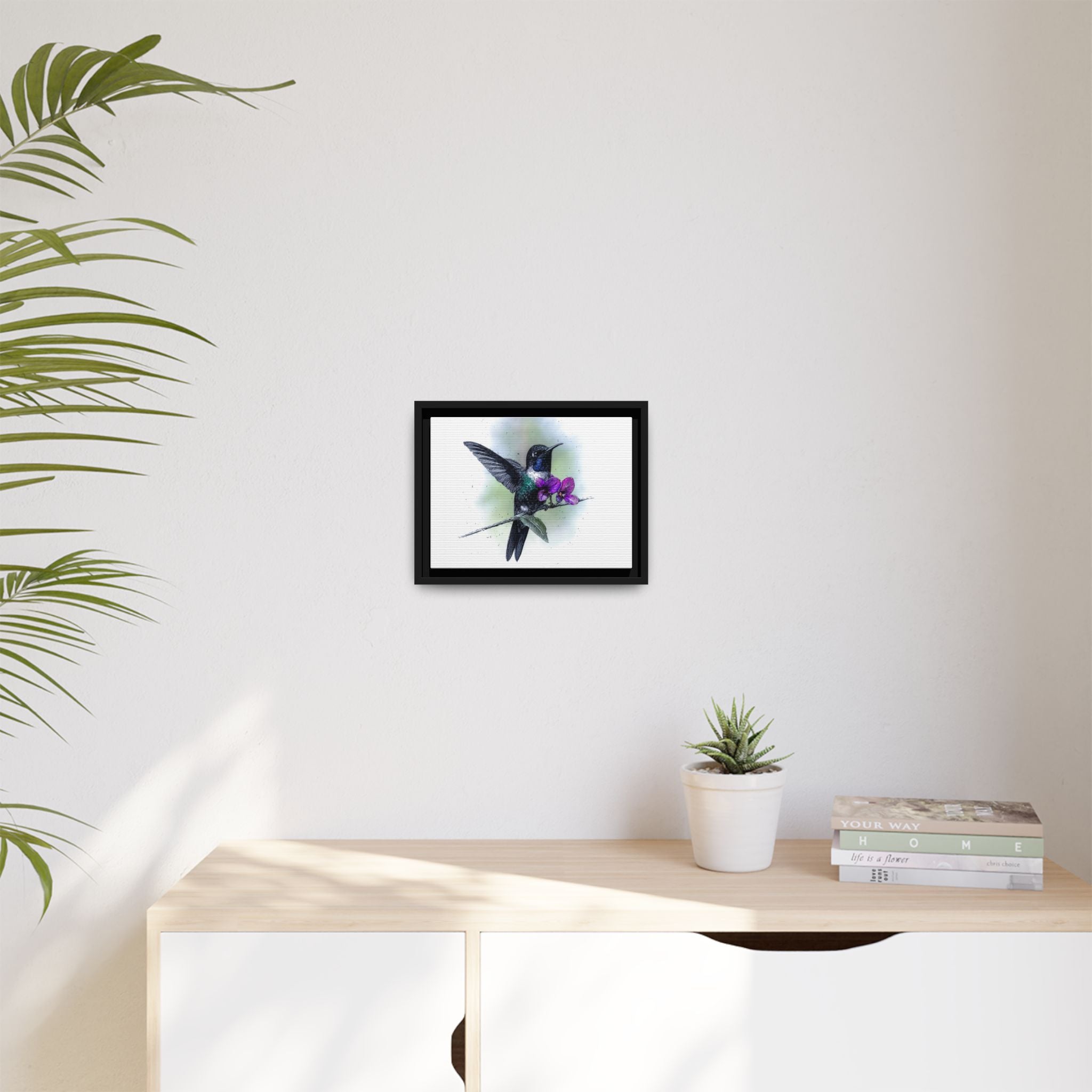 Framed Hummingbird Canvas Art - Purple Orchid Nature Print