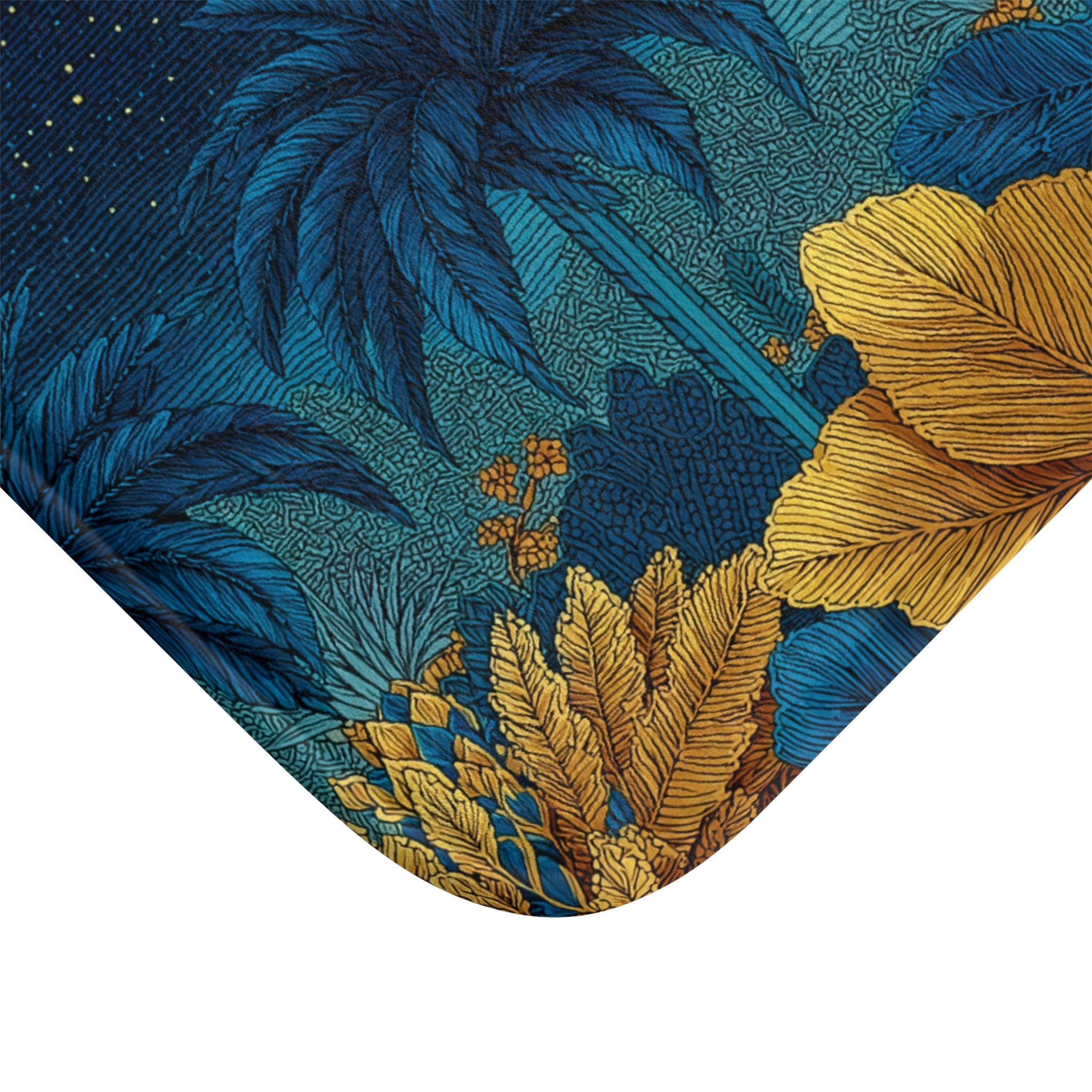 Tropical Toucan Bath Mat — Blue & Gold Jungle Bathroom Rug