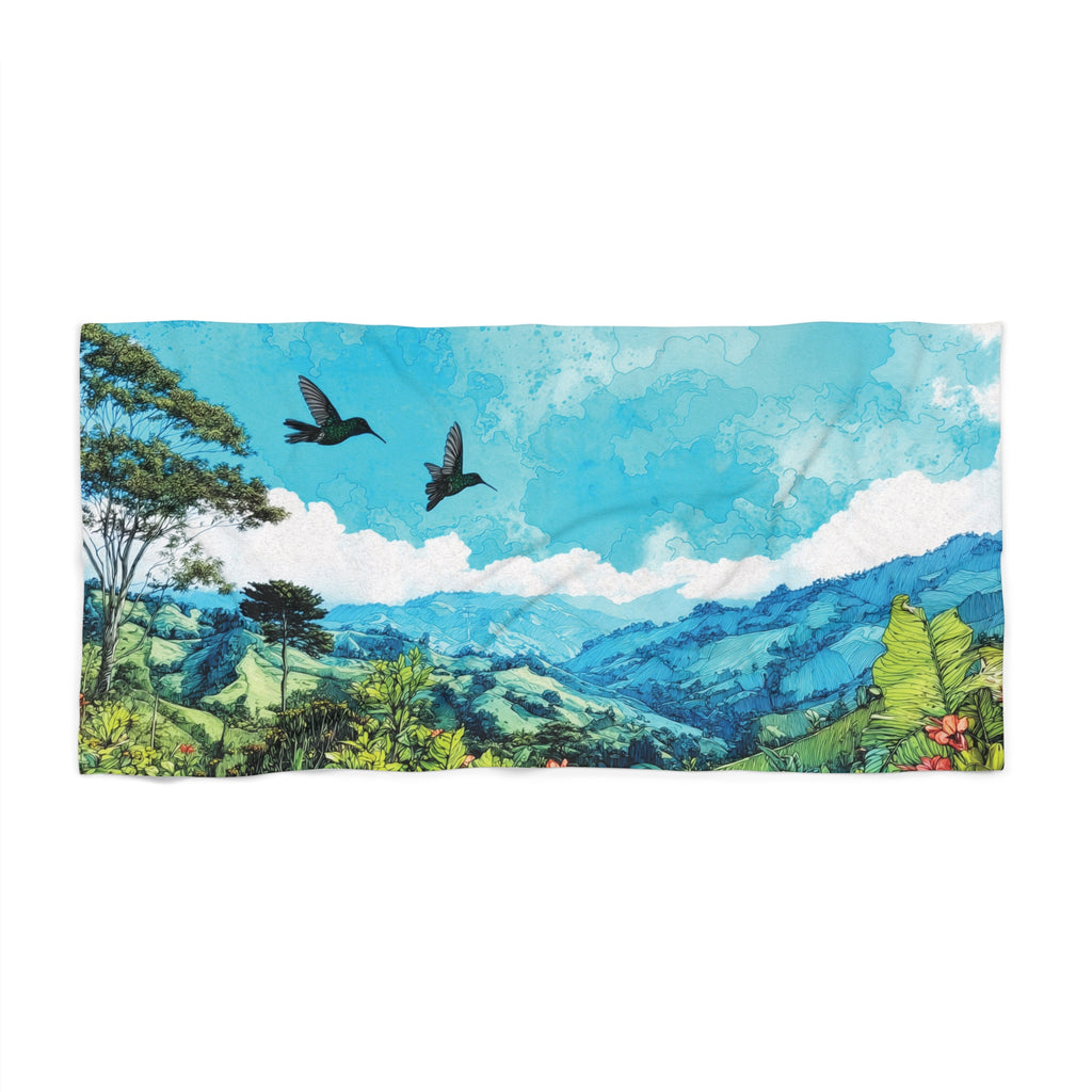Scenic Coastal Mountains Beach Towel — Tropical Landscape with Flying Birds