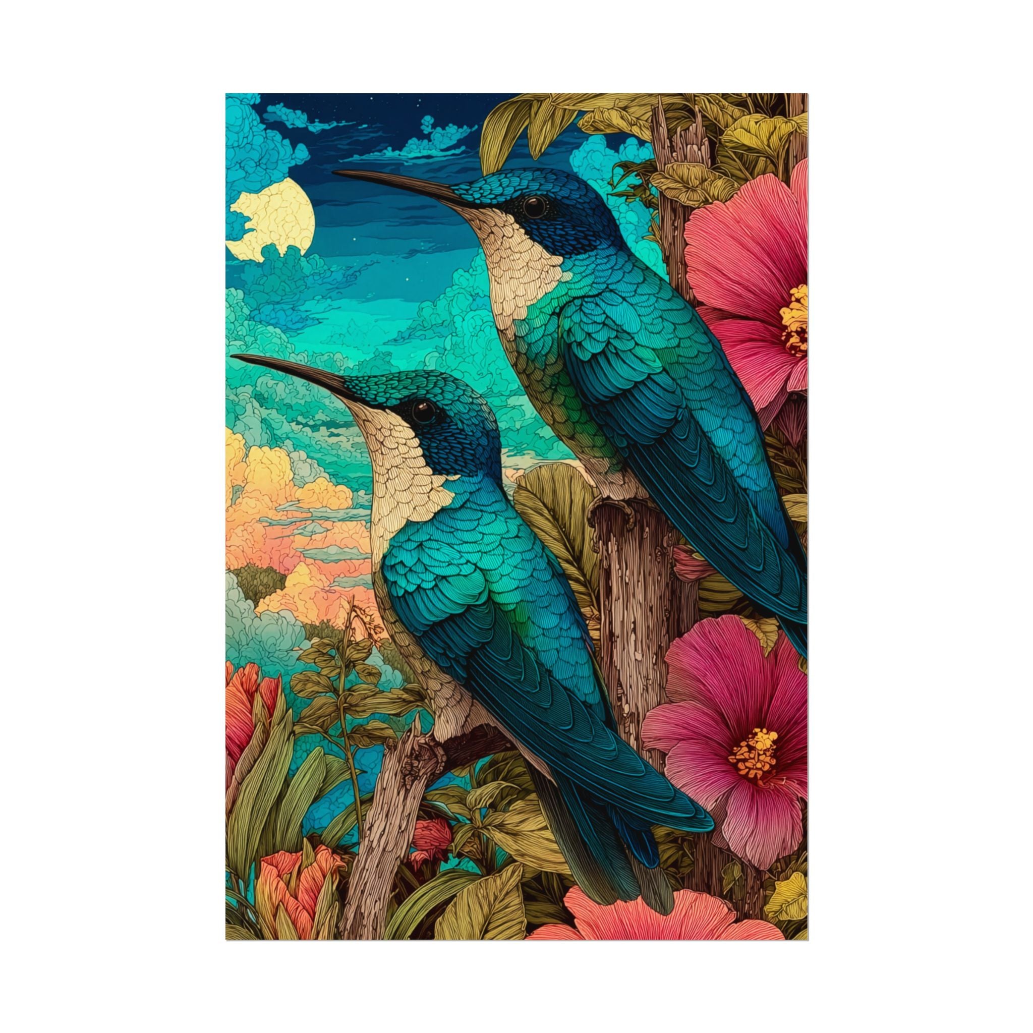 Hummingbird Watercolor Art Poster — Textured Matte Nature Print