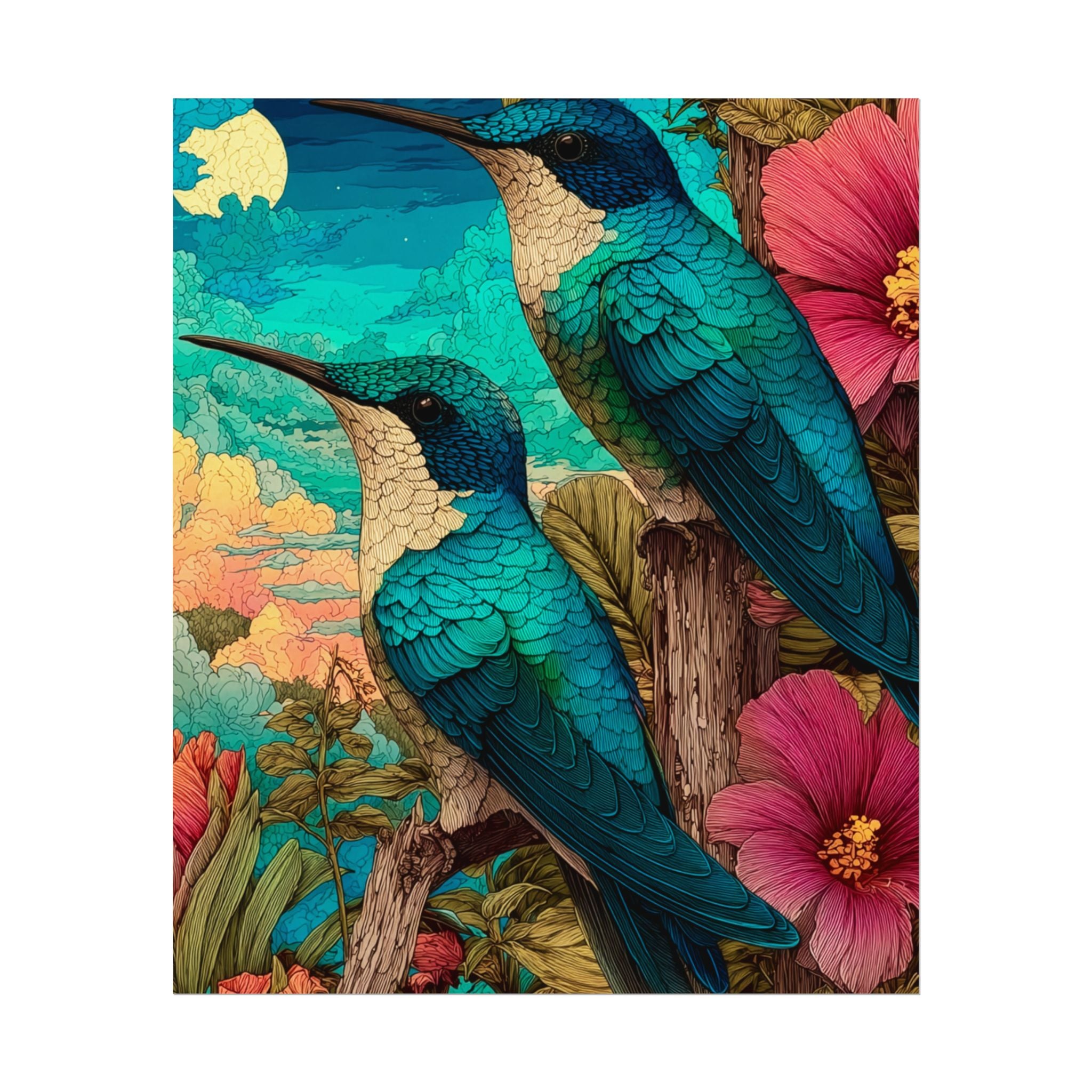 Hummingbird Watercolor Art Poster — Textured Matte Nature Print
