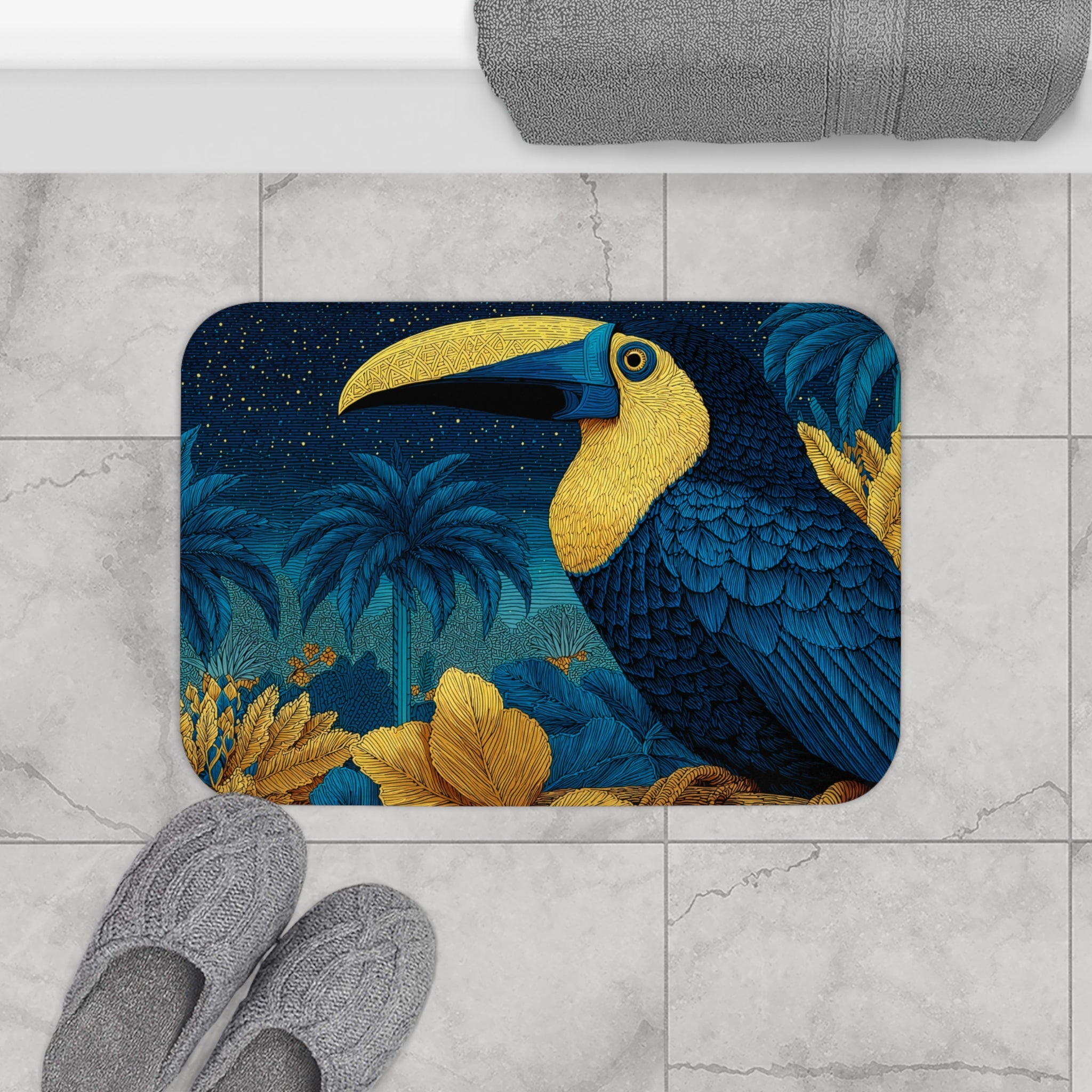 Tropical Toucan Bath Mat — Blue & Gold Jungle Bathroom Rug