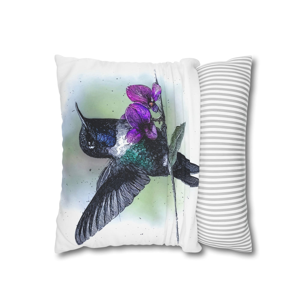 Hummingbird Floral Square Throw Pillowcase — Purple Orchid Accent