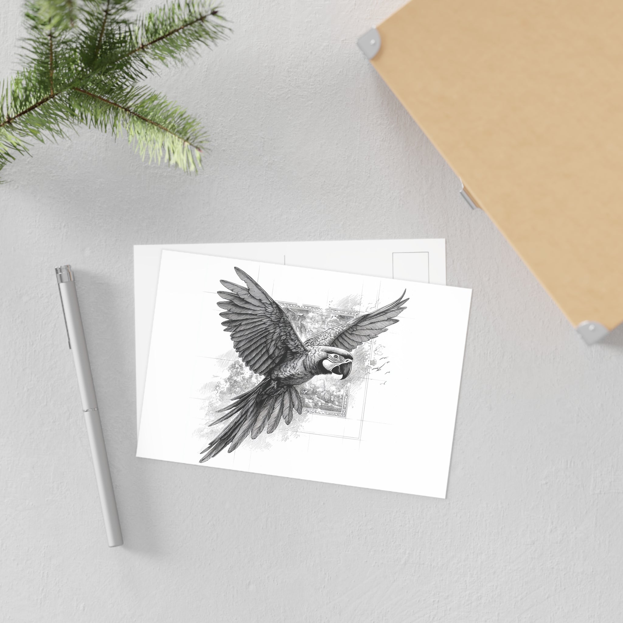 Macaw Fine Art Postcards — Black & White Parrot Illustration Set
