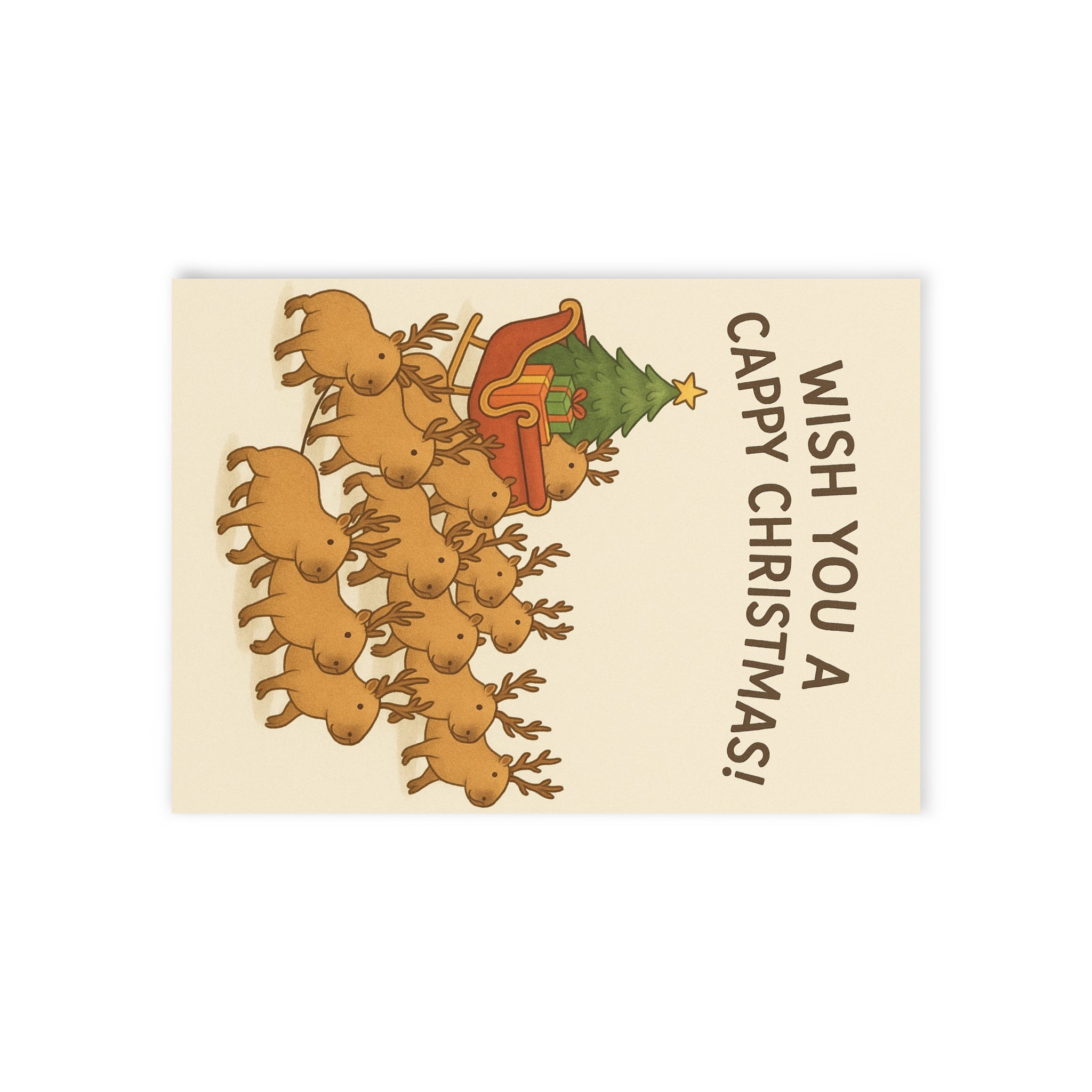 Holiday Card — "Wish You a Cappy Christmas!" Cute Reindeer & Sleigh Christmas Card