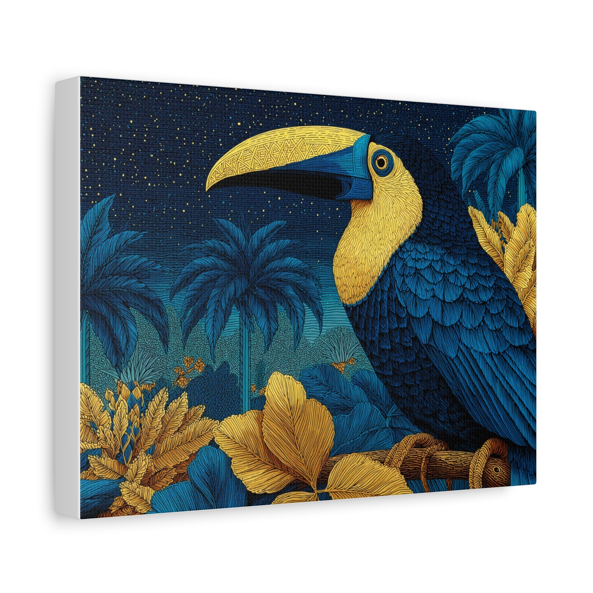 Tropical Toucan Matte Canvas Wall Art – Blue & Gold Exotic Bird Print