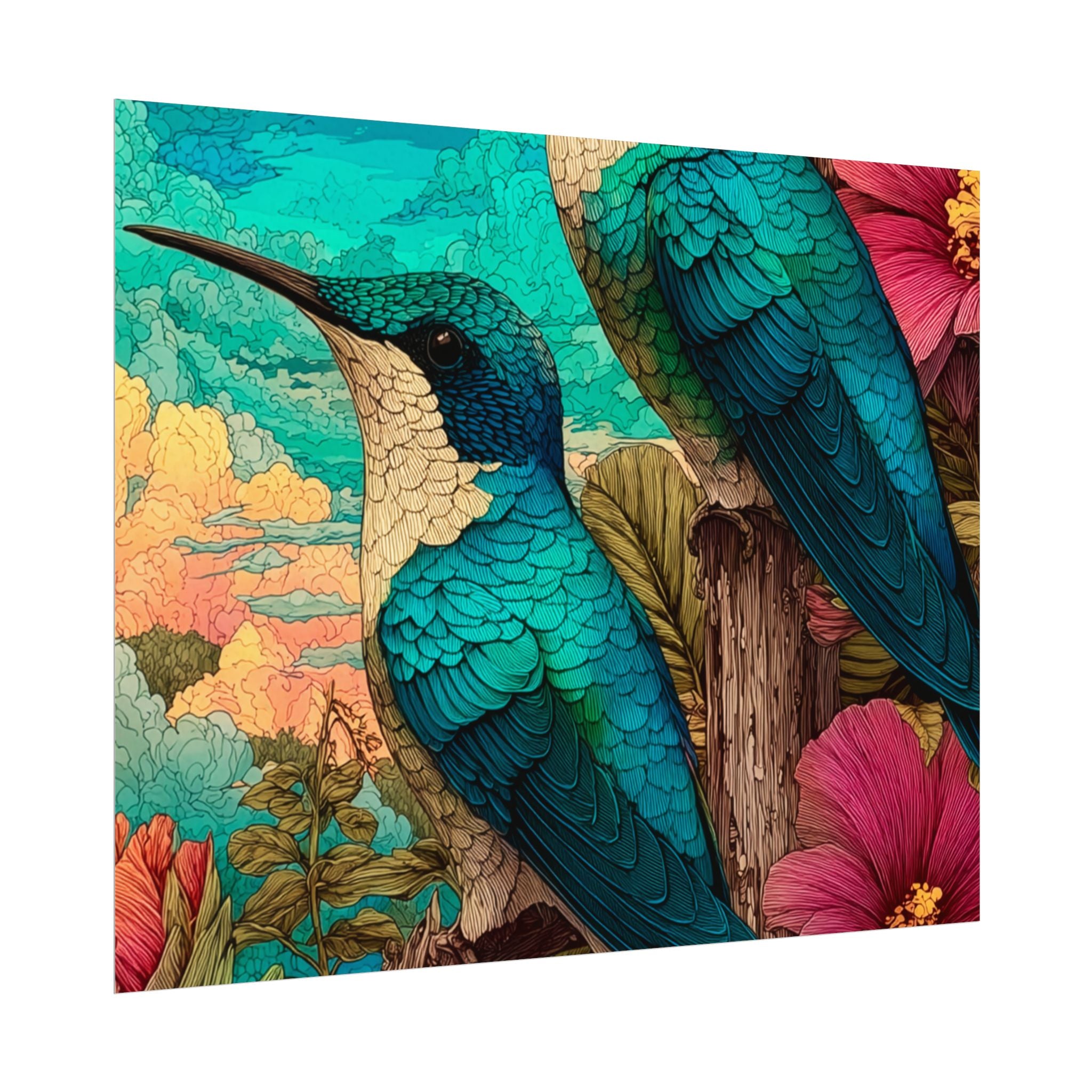 Hummingbird Watercolor Art Poster — Textured Matte Nature Print