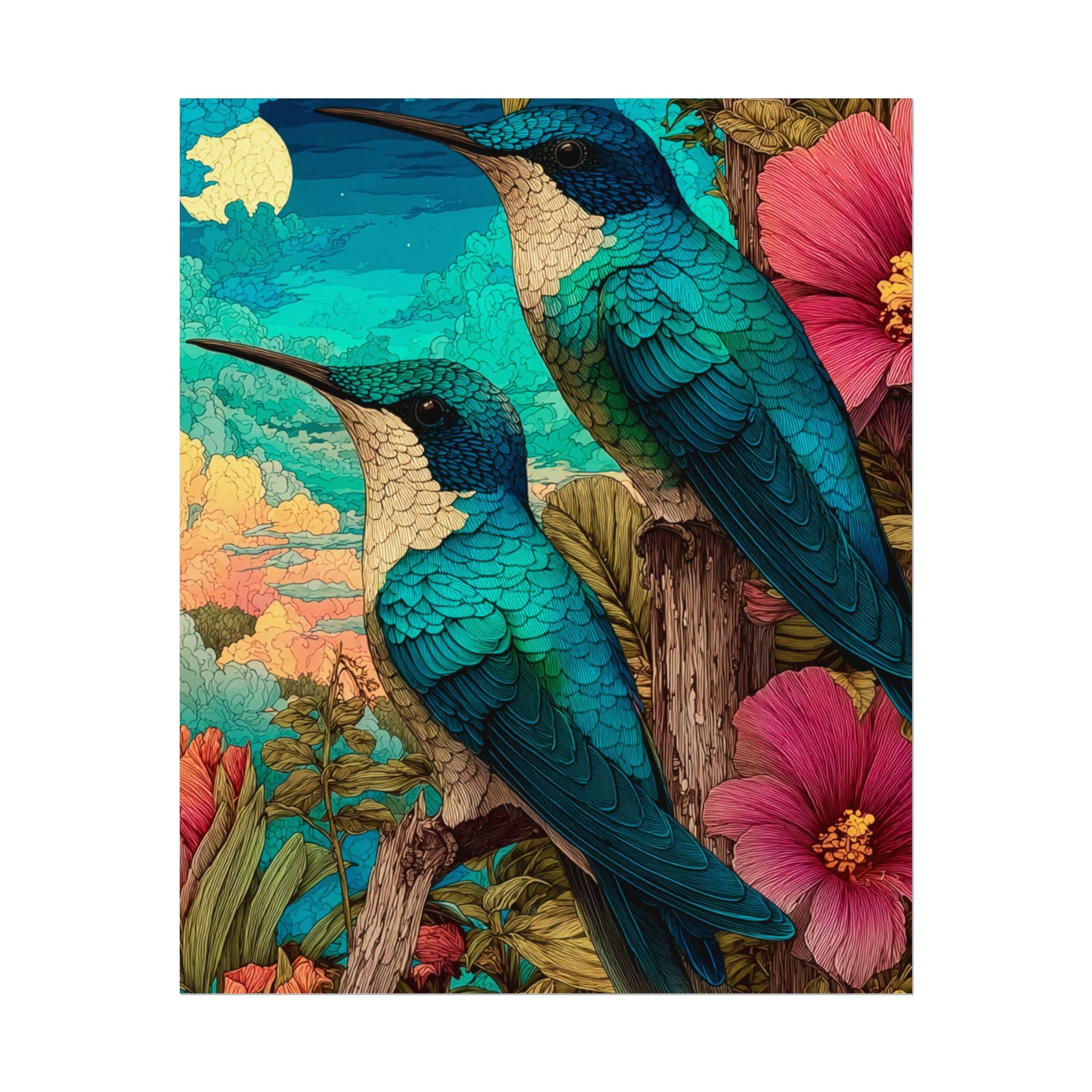 Hummingbird Watercolor Art Poster — Textured Matte Nature Print