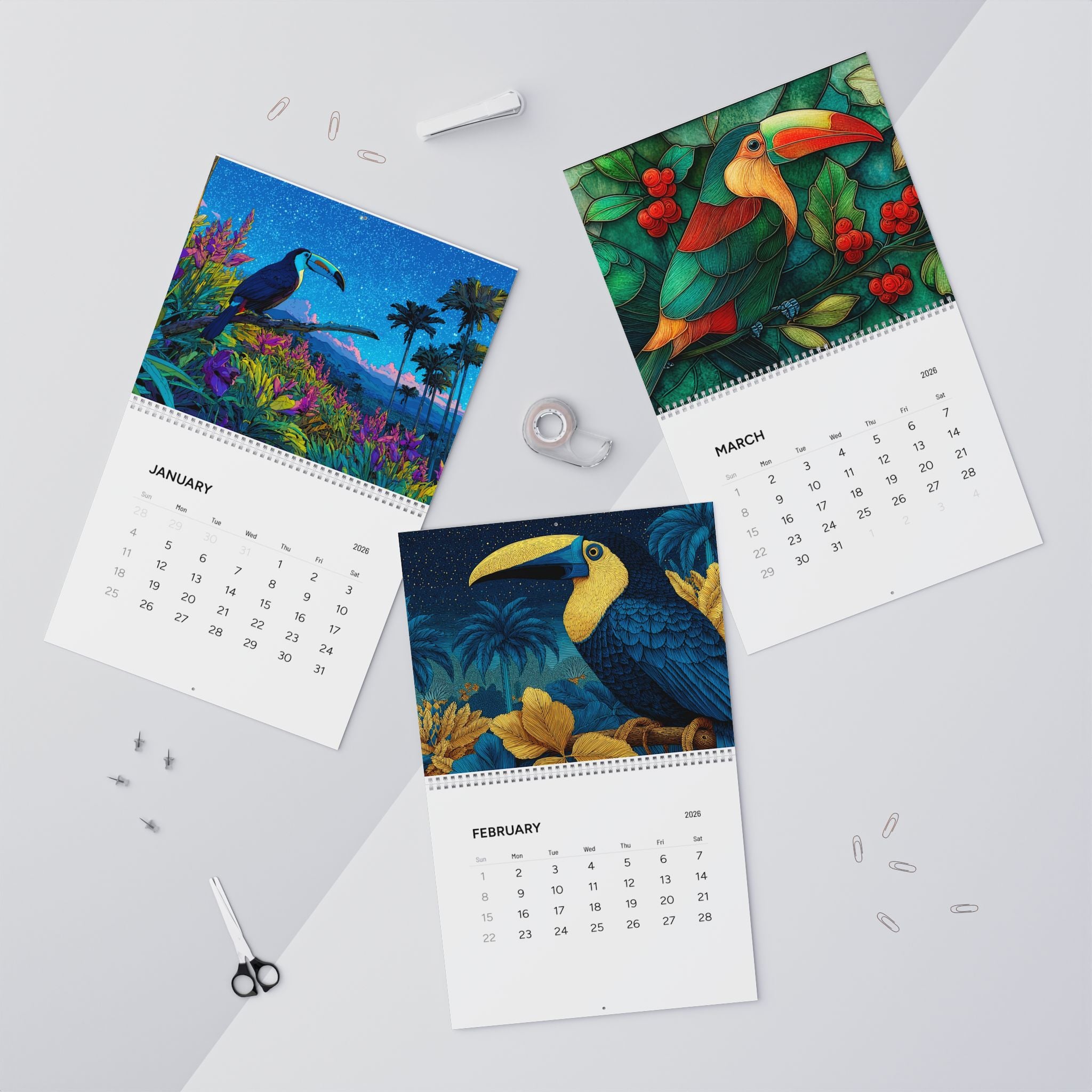 Tropical Toucan 2026 Wall Calendar — Colorful Tropical Birds & Floral Scenes, Monthly Planner