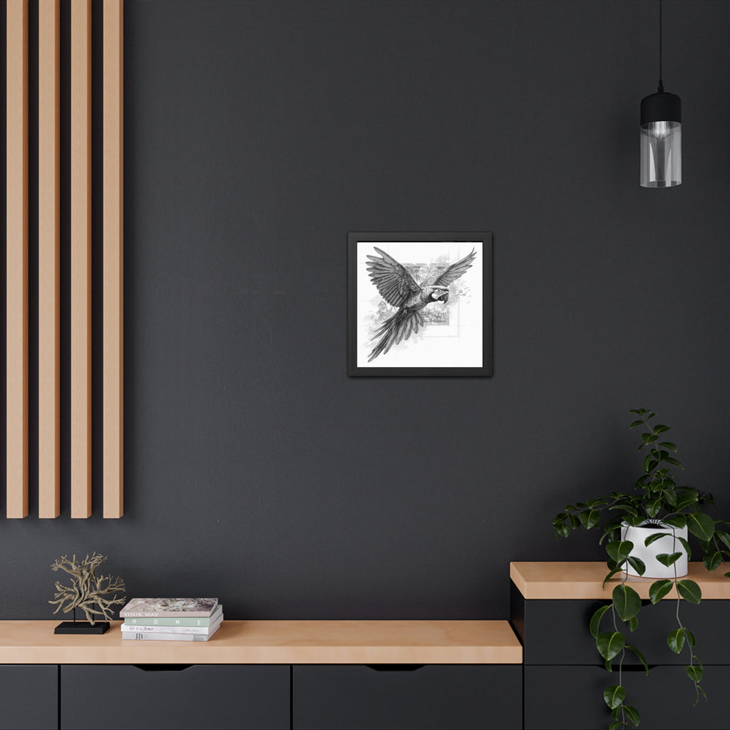 Framed Poster — Black & White Flying Macaw Art Print