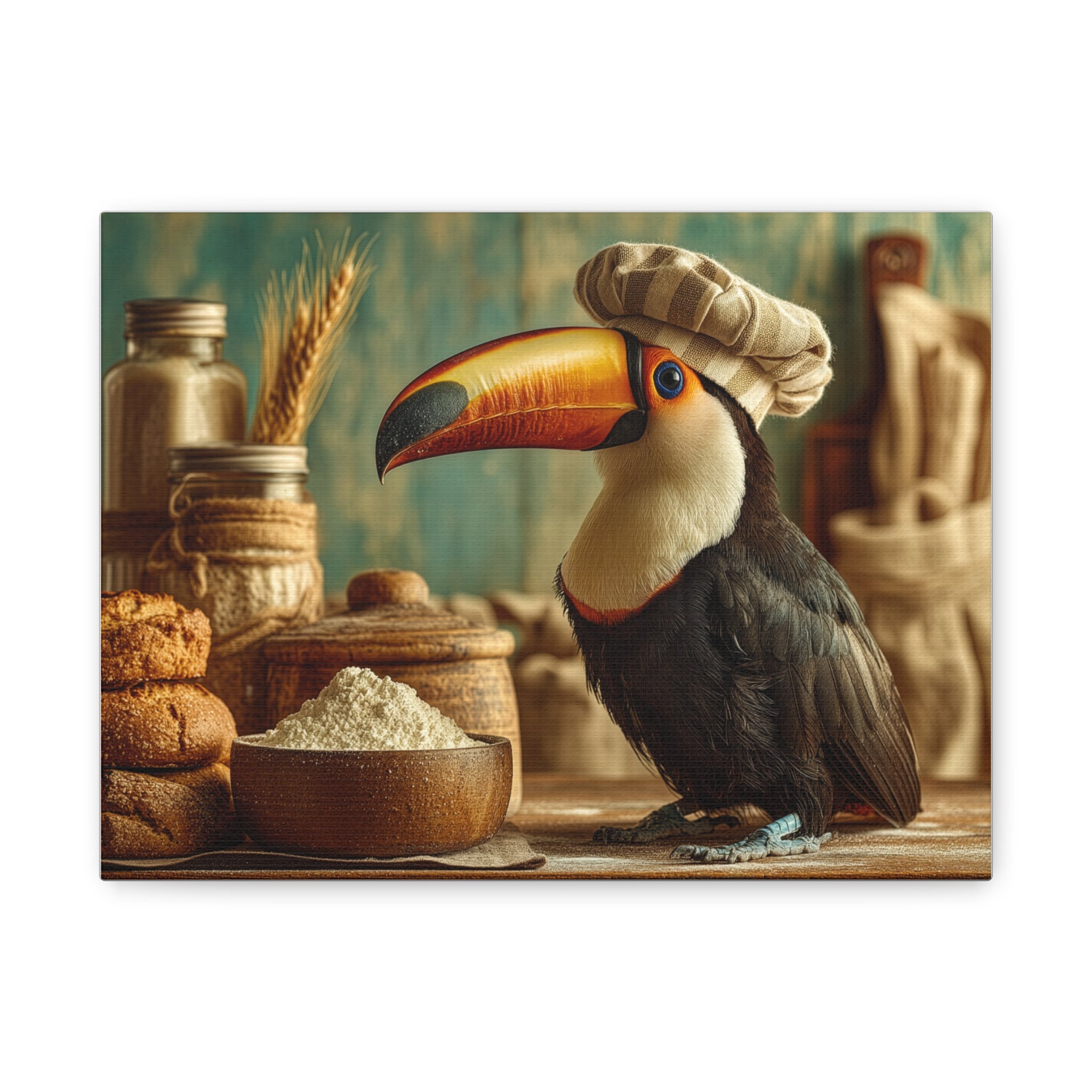 Toucan Baker Canvas Print — Matte Stretched Wall Art for Kitchen Décor
