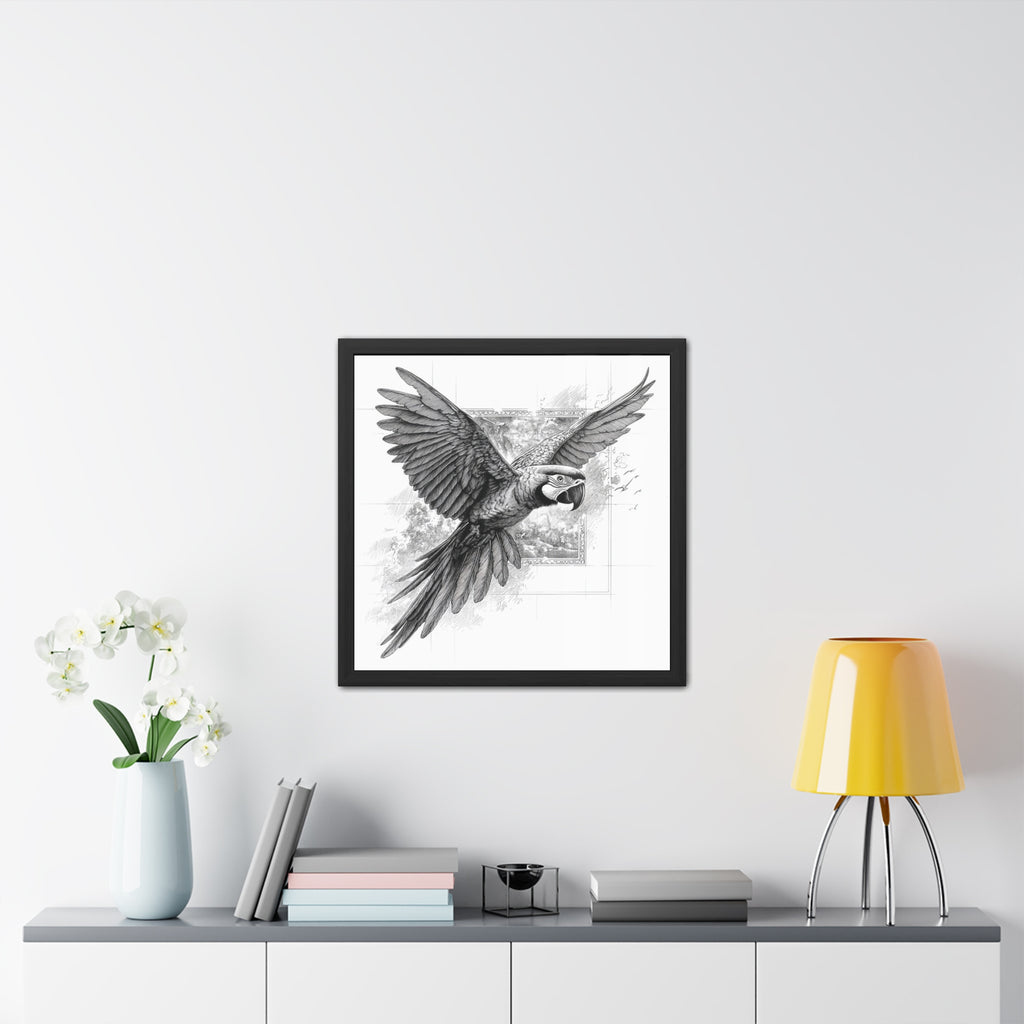 Framed Poster — Black & White Flying Macaw Art Print