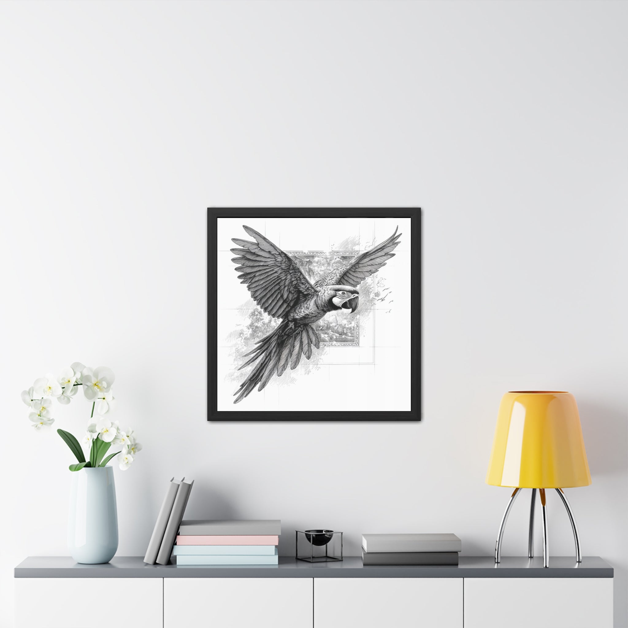 Framed Poster — Black & White Flying Macaw Art Print