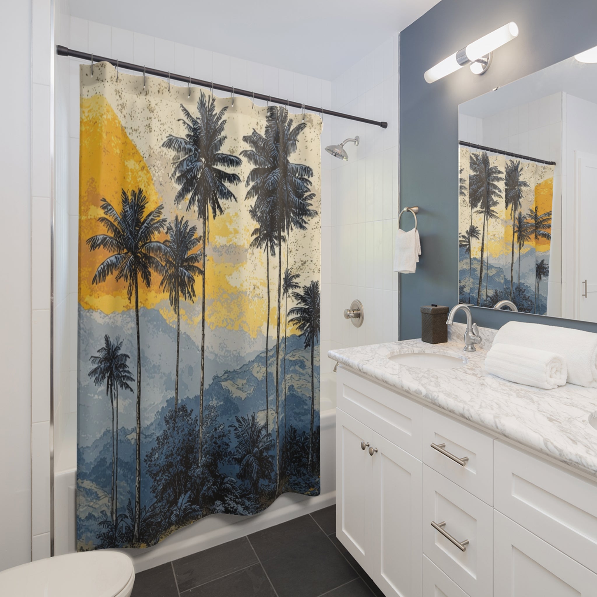Tropical Palm Sunset Shower Curtain — Beachy Boho Bathroom Decor