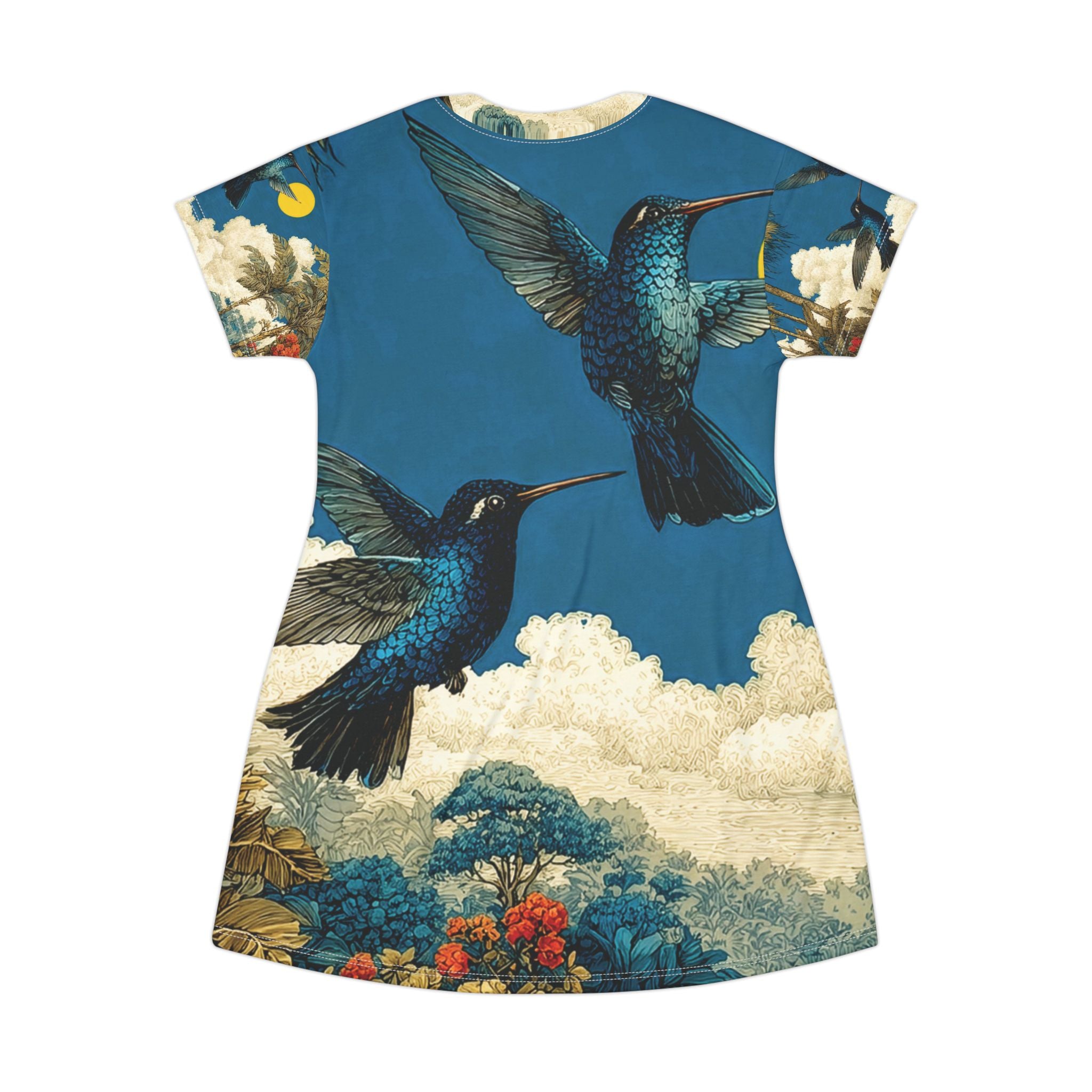 Song of the Blue Hummingbirds T-Shirt Dress — All-Over Print Floral Bird Sundress