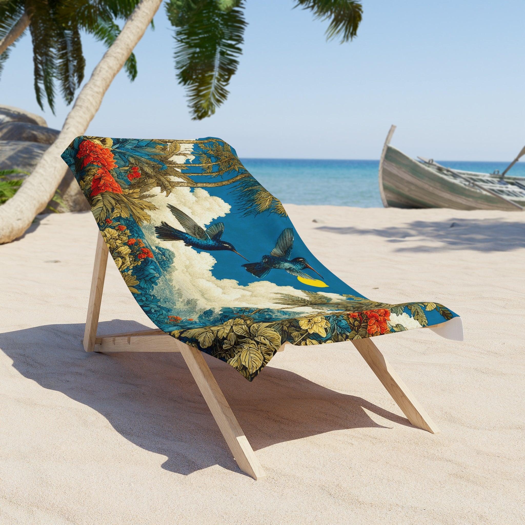 Tropical Hummingbird Beach Towel — Vintage Floral Paradise Design