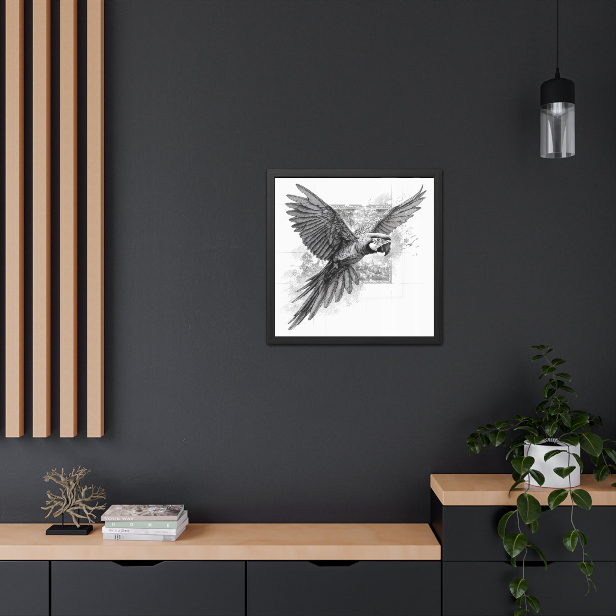 Framed Poster — Black & White Flying Macaw Art Print