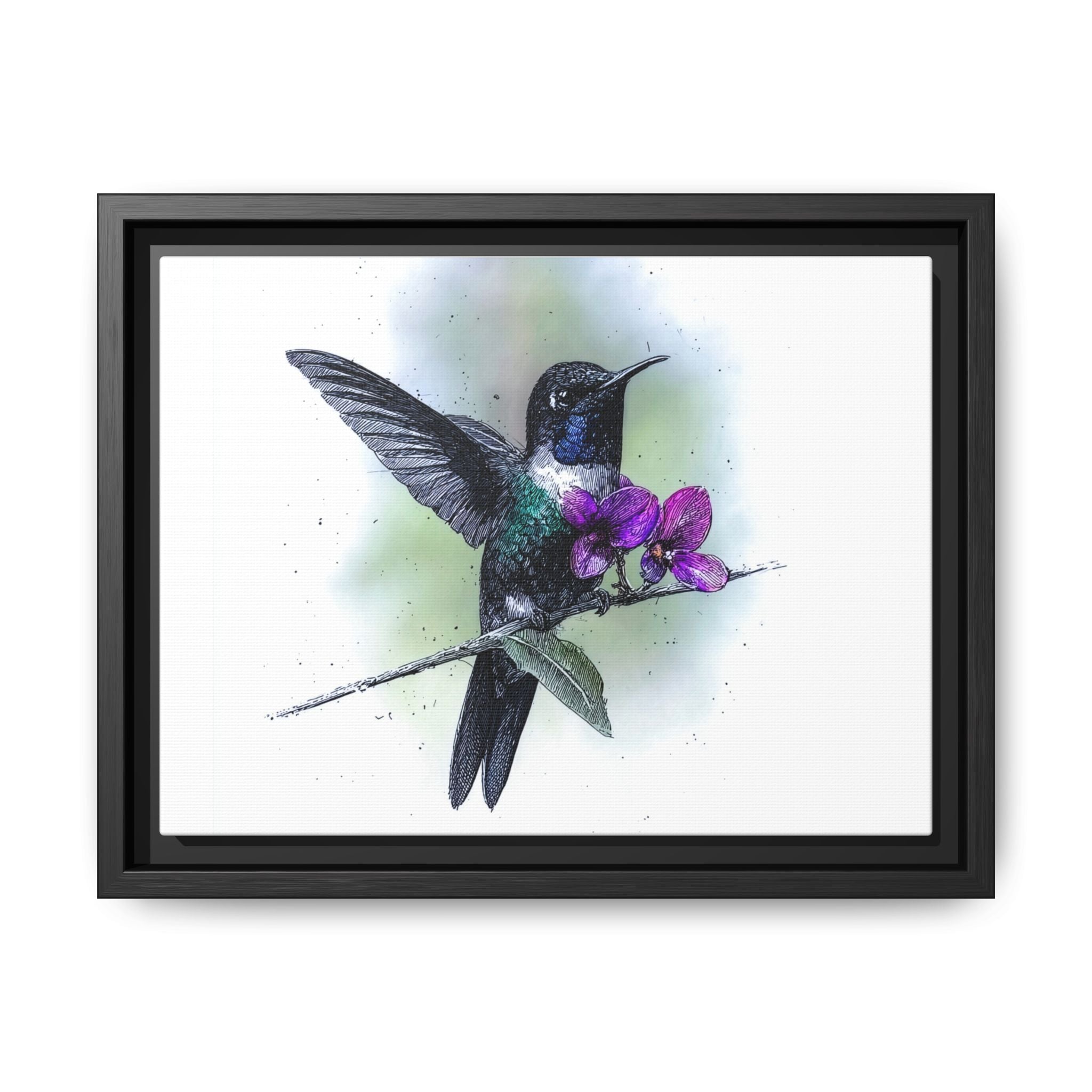 Framed Hummingbird Canvas Art - Purple Orchid Nature Print