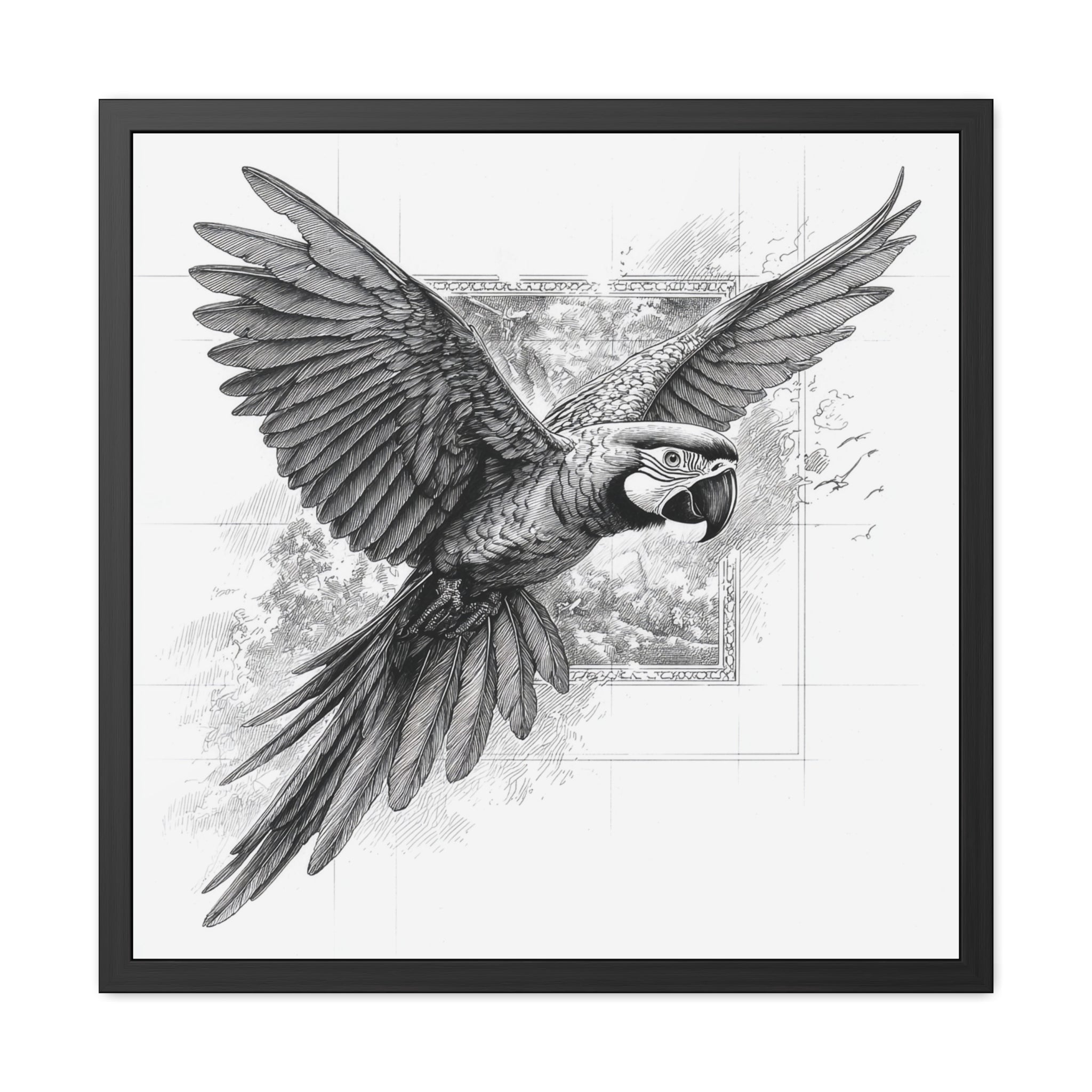 Framed Poster — Black & White Flying Macaw Art Print