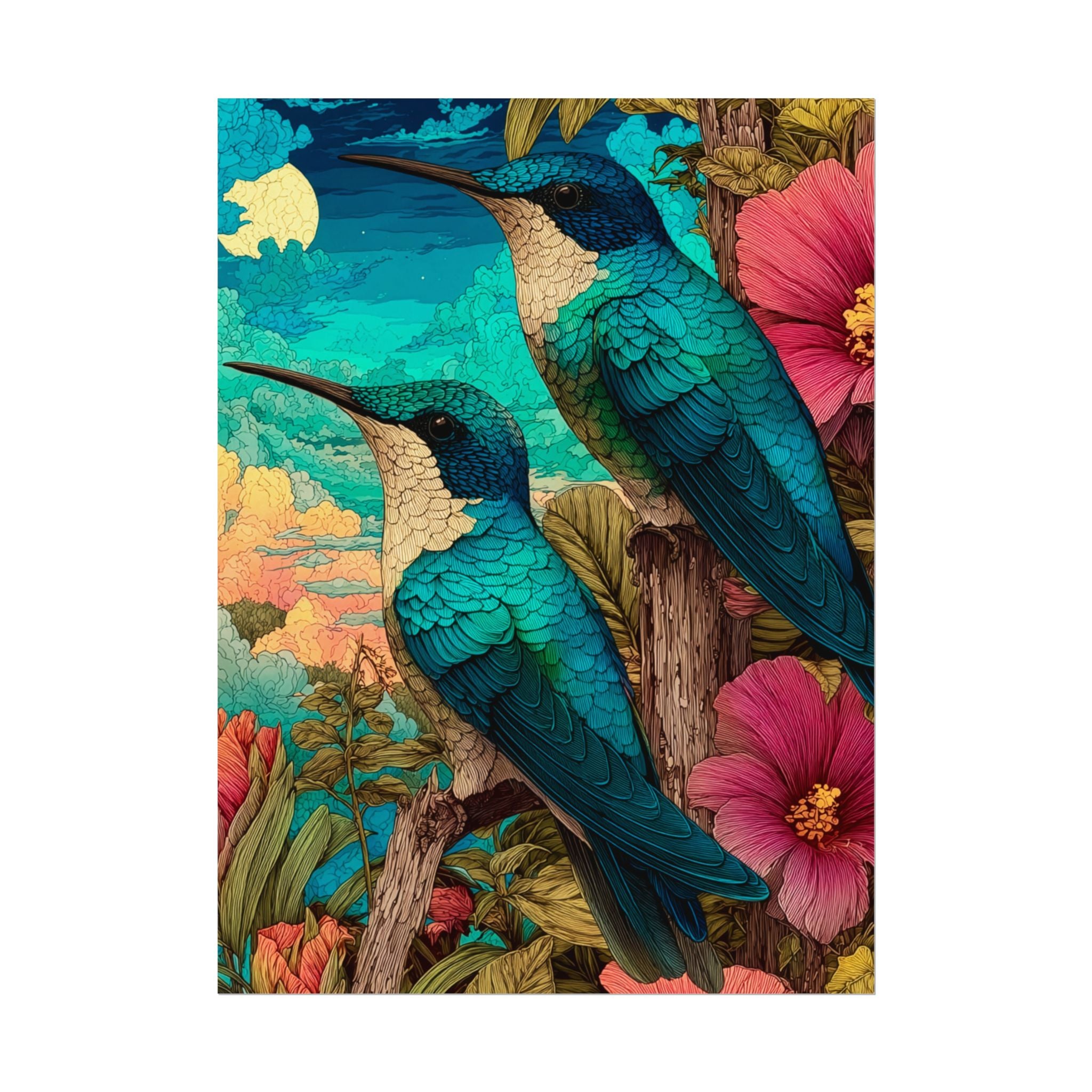 Hummingbird Watercolor Art Poster — Textured Matte Nature Print