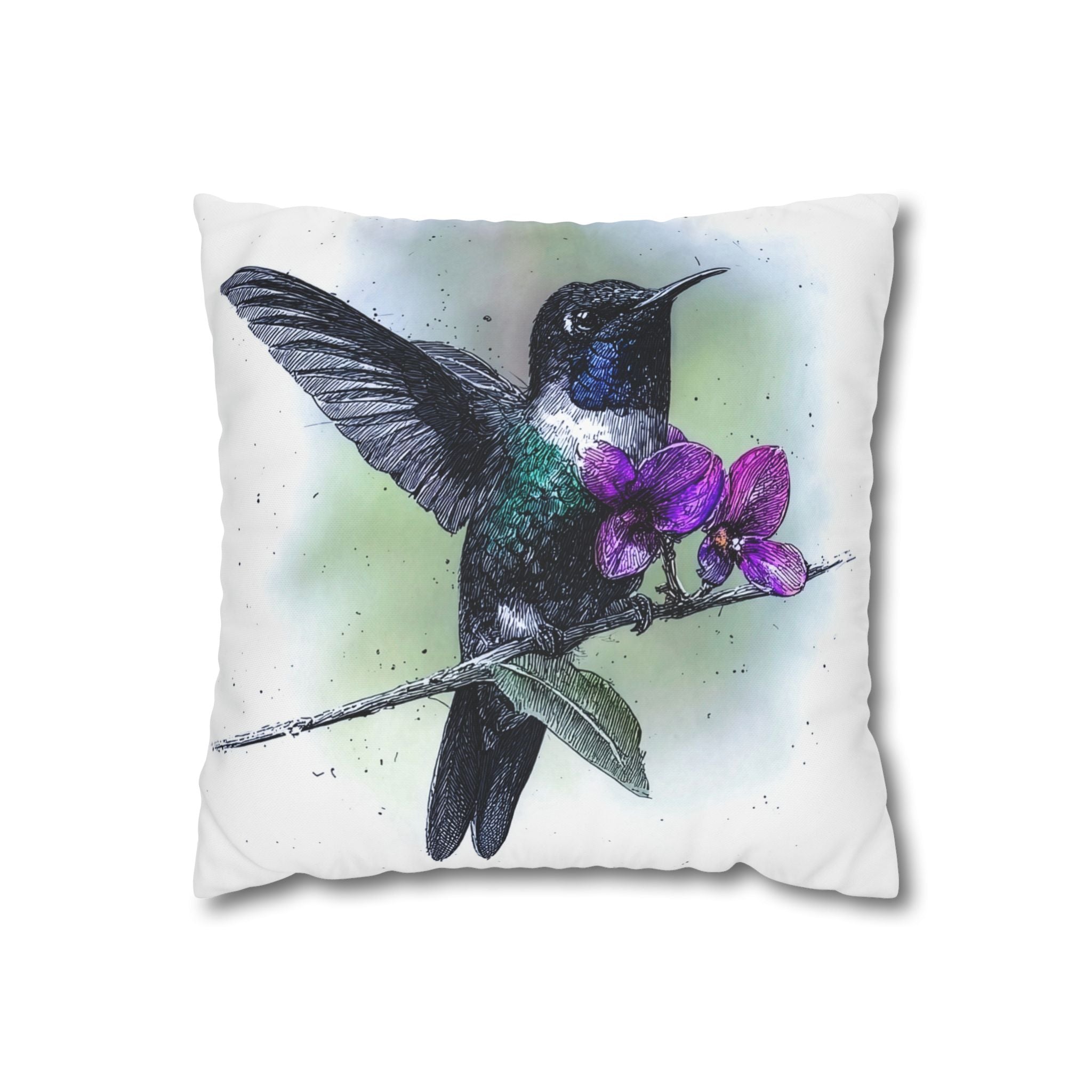 Hummingbird Floral Square Throw Pillowcase — Purple Orchid Accent