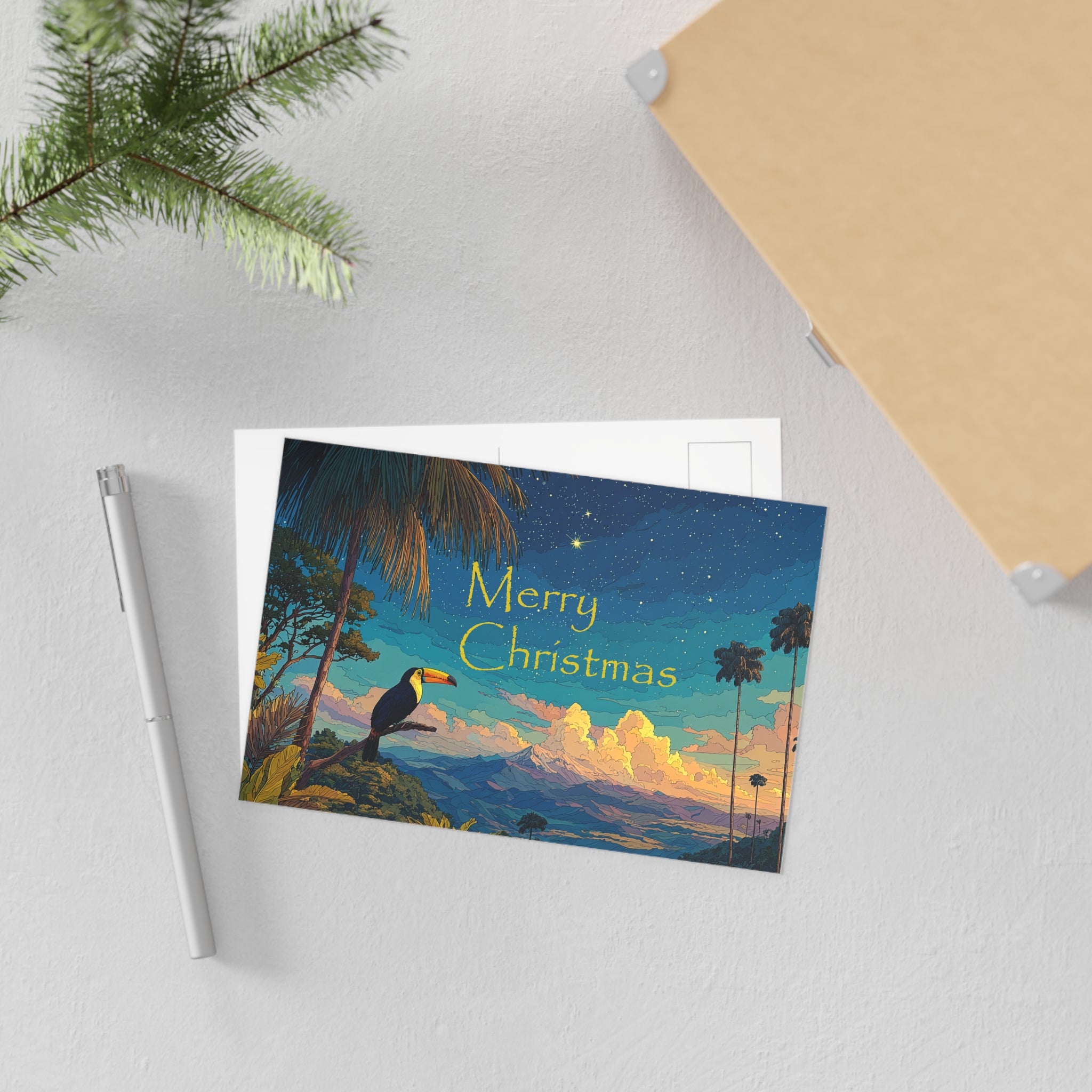 Merry Christmas Tropical Toucan Postcard - Fine Art Holiday Greeting Card