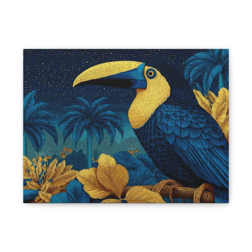 Tropical Toucan Matte Canvas Wall Art – Blue & Gold Exotic Bird Print