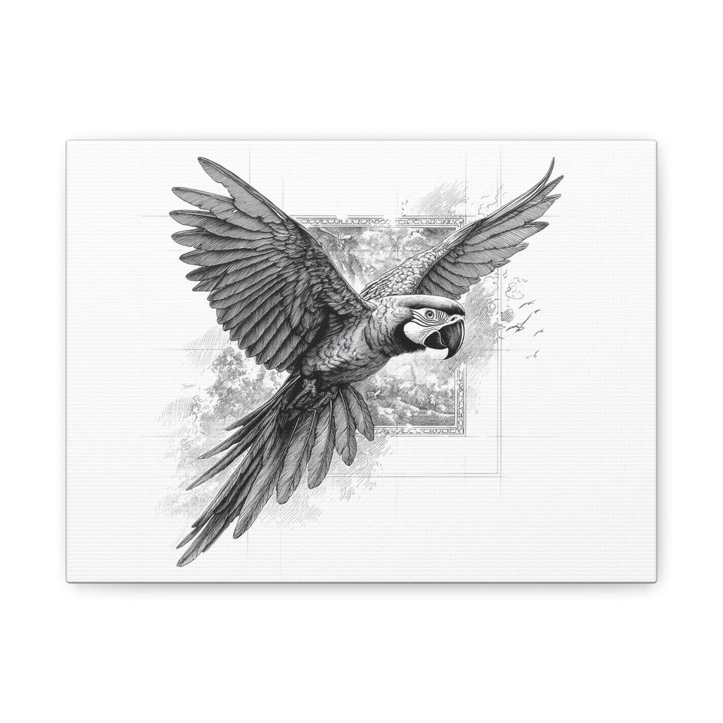 Flying Parrot Canvas Print — Detailed Black & White Macaw Wall Art (Matte Stretched)