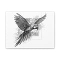 Flying Parrot Canvas Print — Detailed Black & White Macaw Wall Art (Matte Stretched)