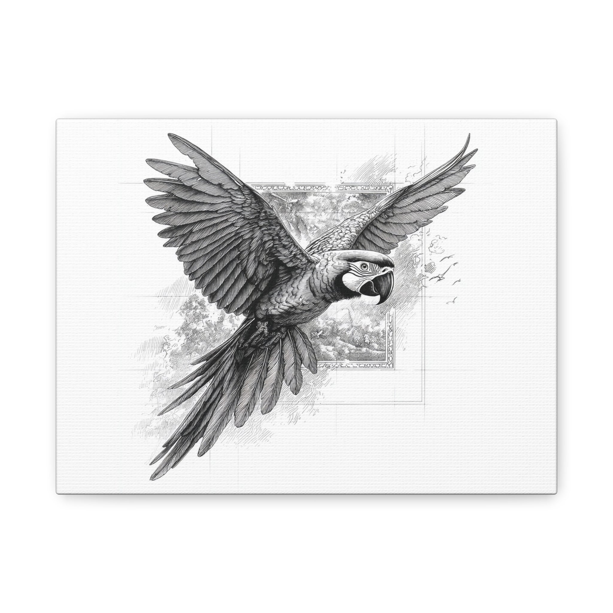 Flying Parrot Canvas Print — Detailed Black & White Macaw Wall Art (Matte Stretched)