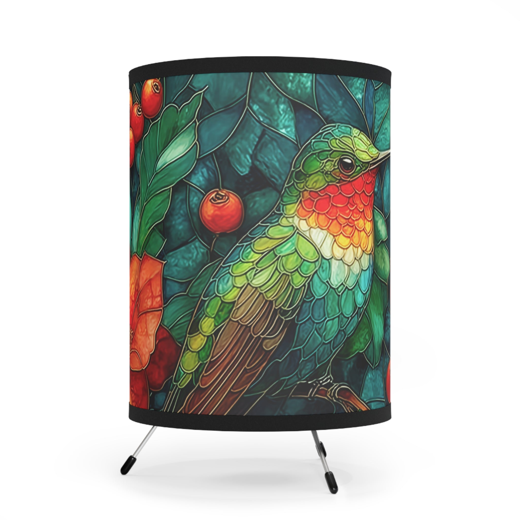 Hummingbird Tripod Lamp — Stained-Glass Styled Floral Printed Shade