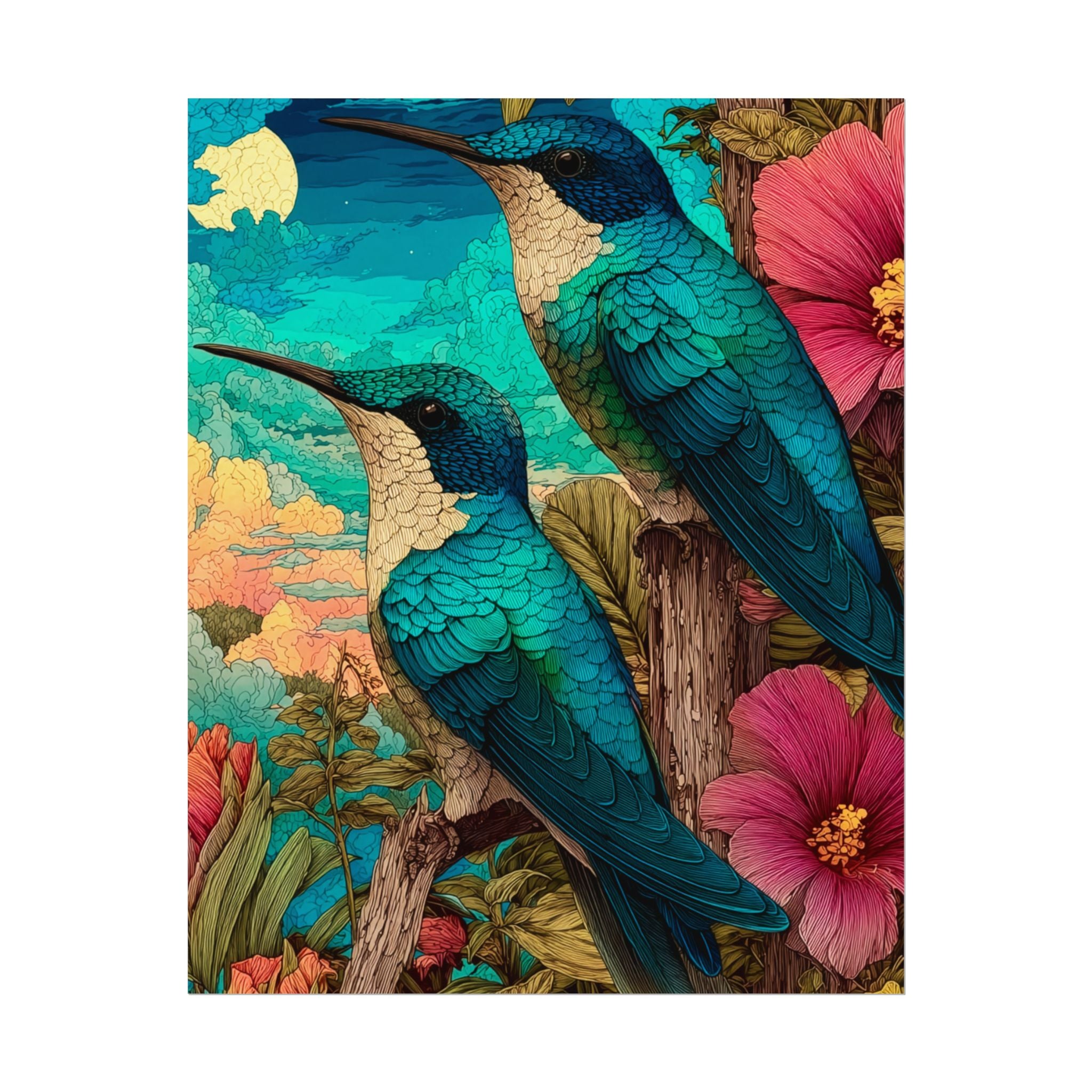 Hummingbird Watercolor Art Poster — Textured Matte Nature Print