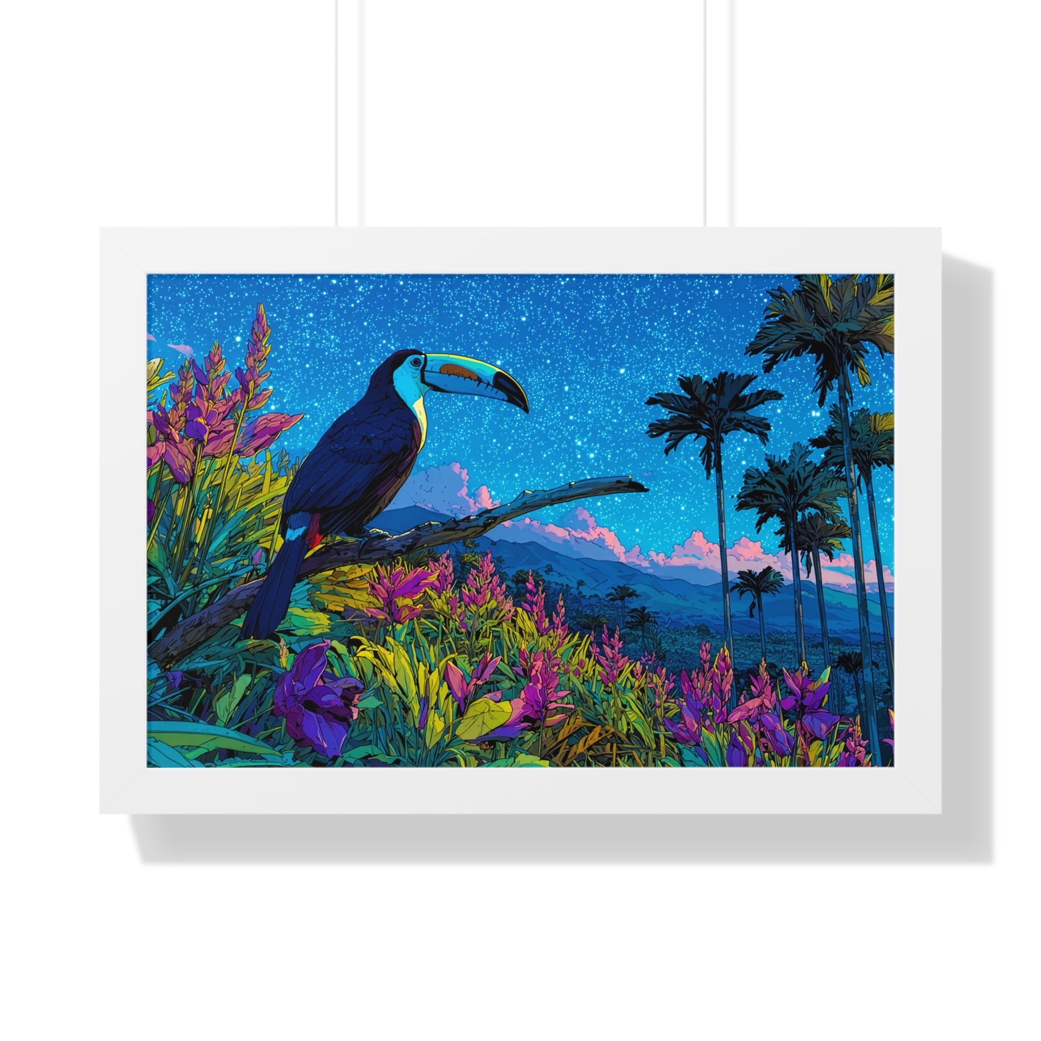 Framed Tropical Toucan Poster — Vibrant Night Jungle Wall Art