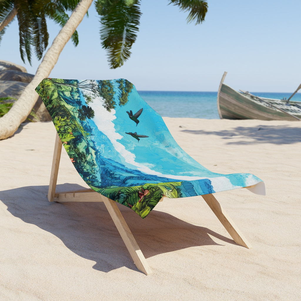 Scenic Coastal Mountains Beach Towel — Tropical Landscape with Flying Birds