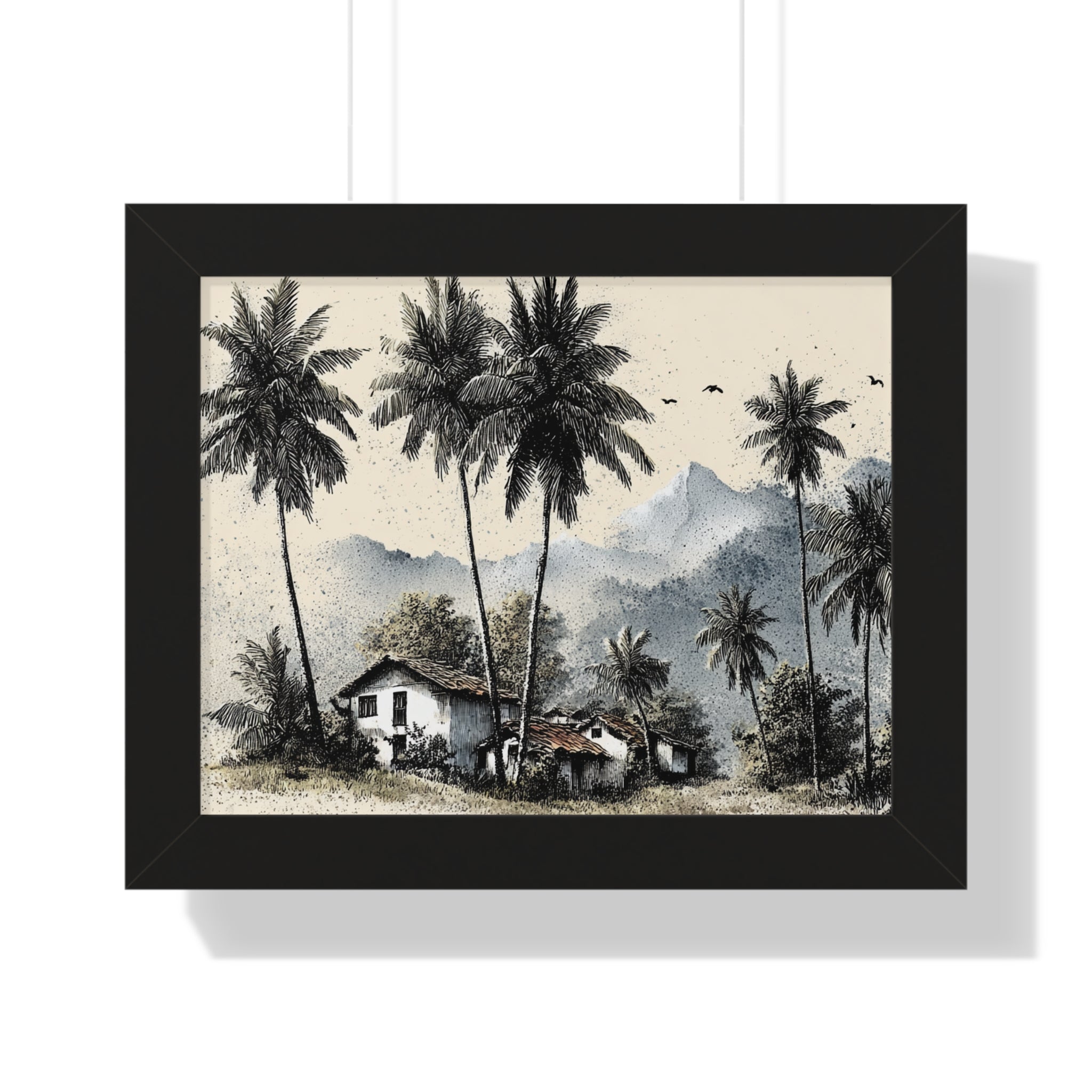 Framed Poster — Tropical Palm Cottage Wall Art (Horizontal)