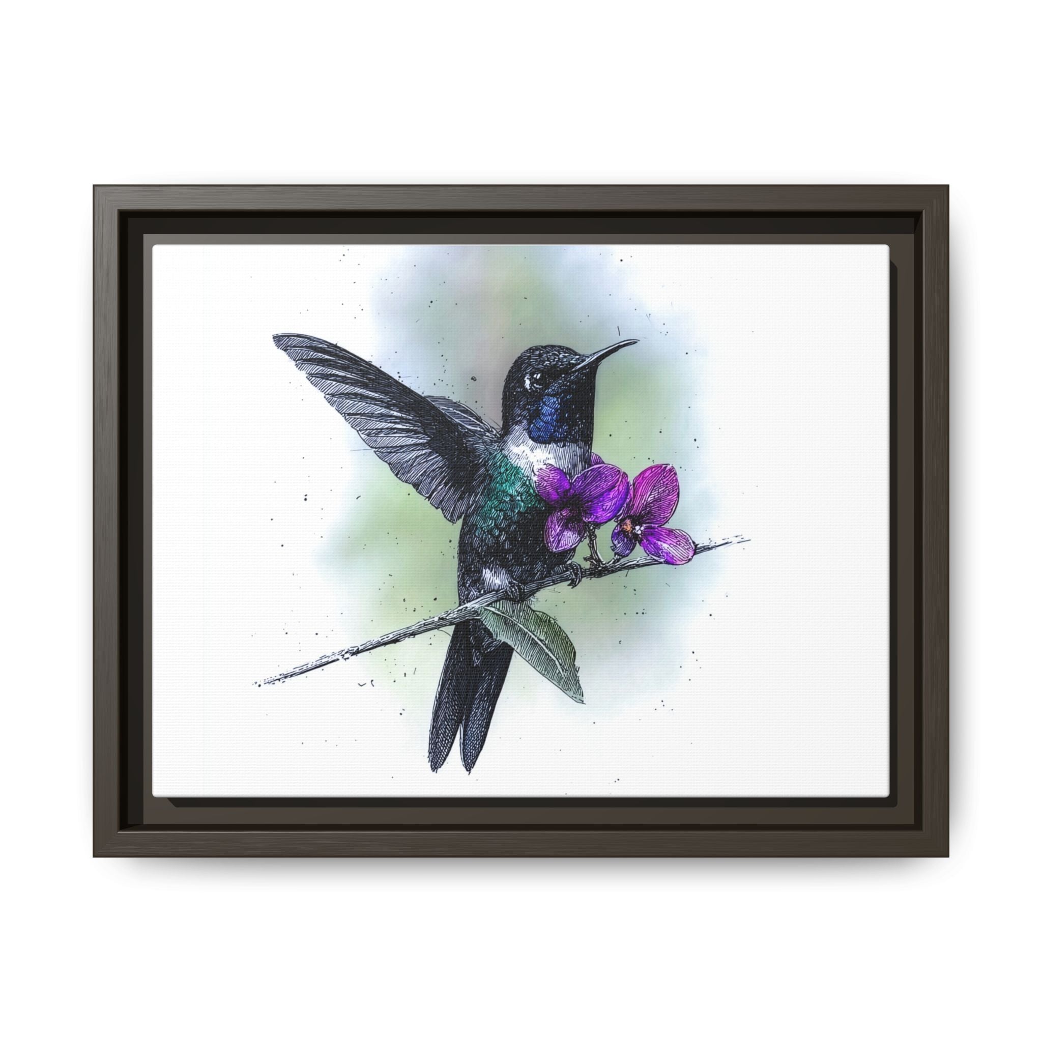 Framed Hummingbird Canvas Art - Purple Orchid Nature Print