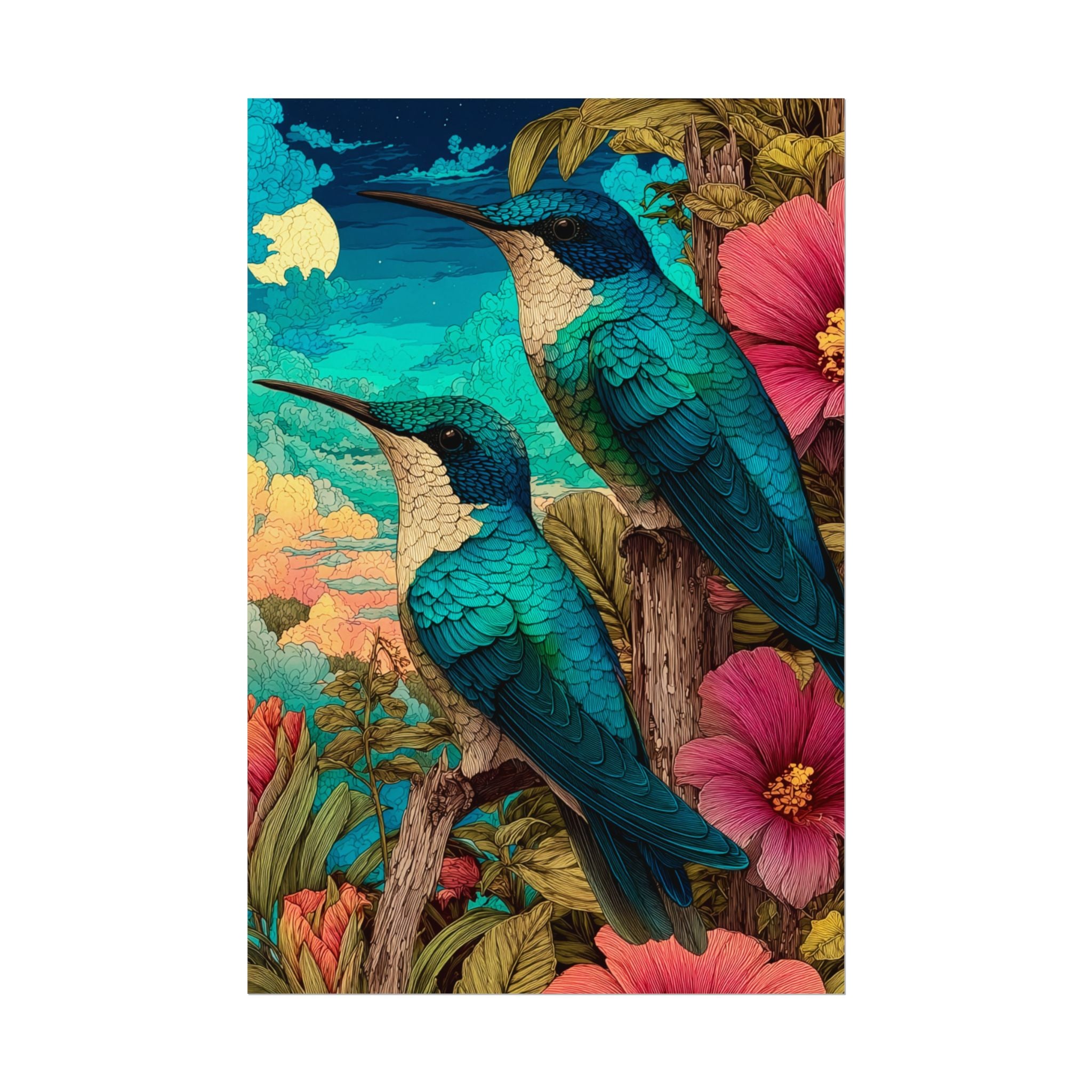 Hummingbird Watercolor Art Poster — Textured Matte Nature Print