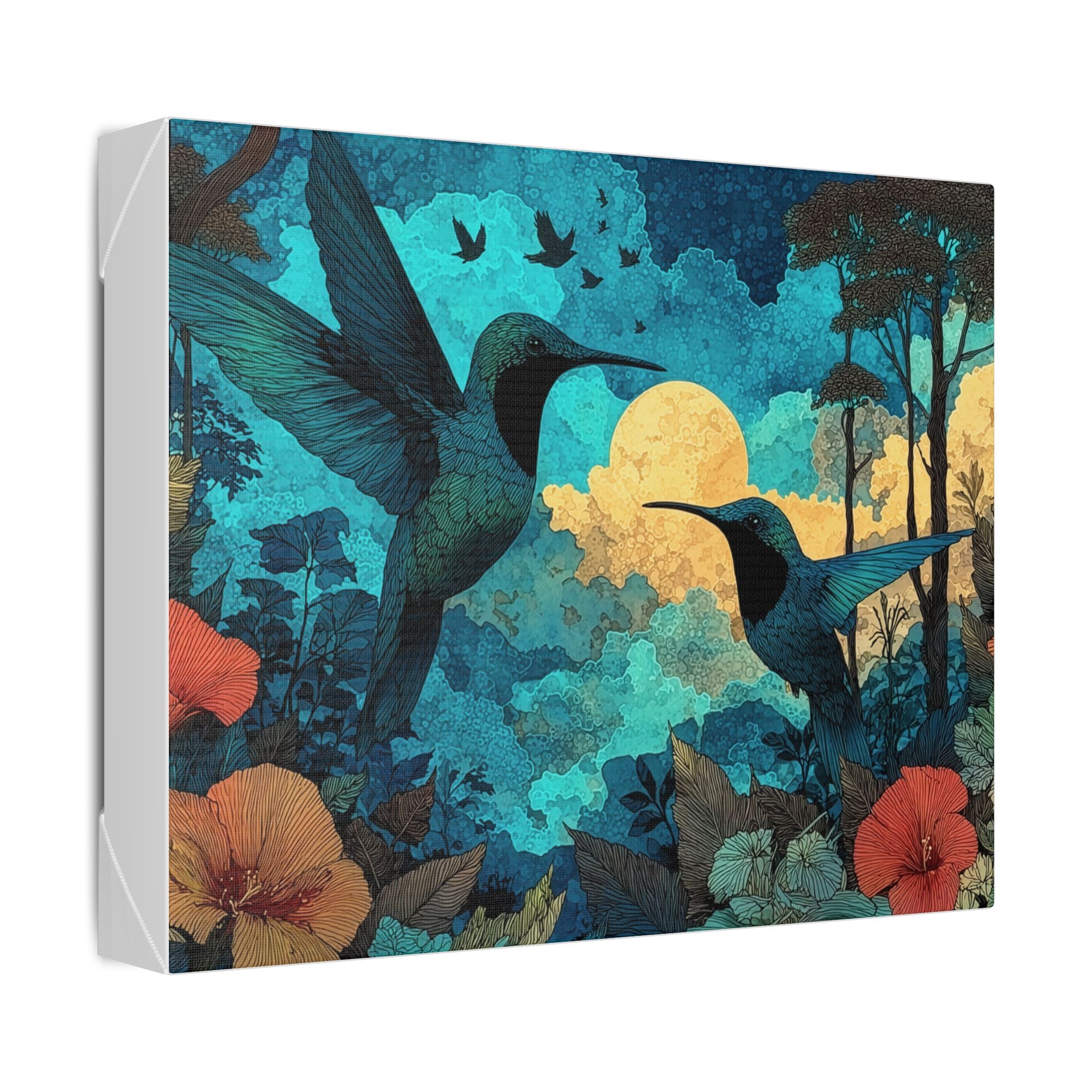 Hummingbird Moonlight Dance Canvas Wall Art — Tropical Floral Stretched Canvas