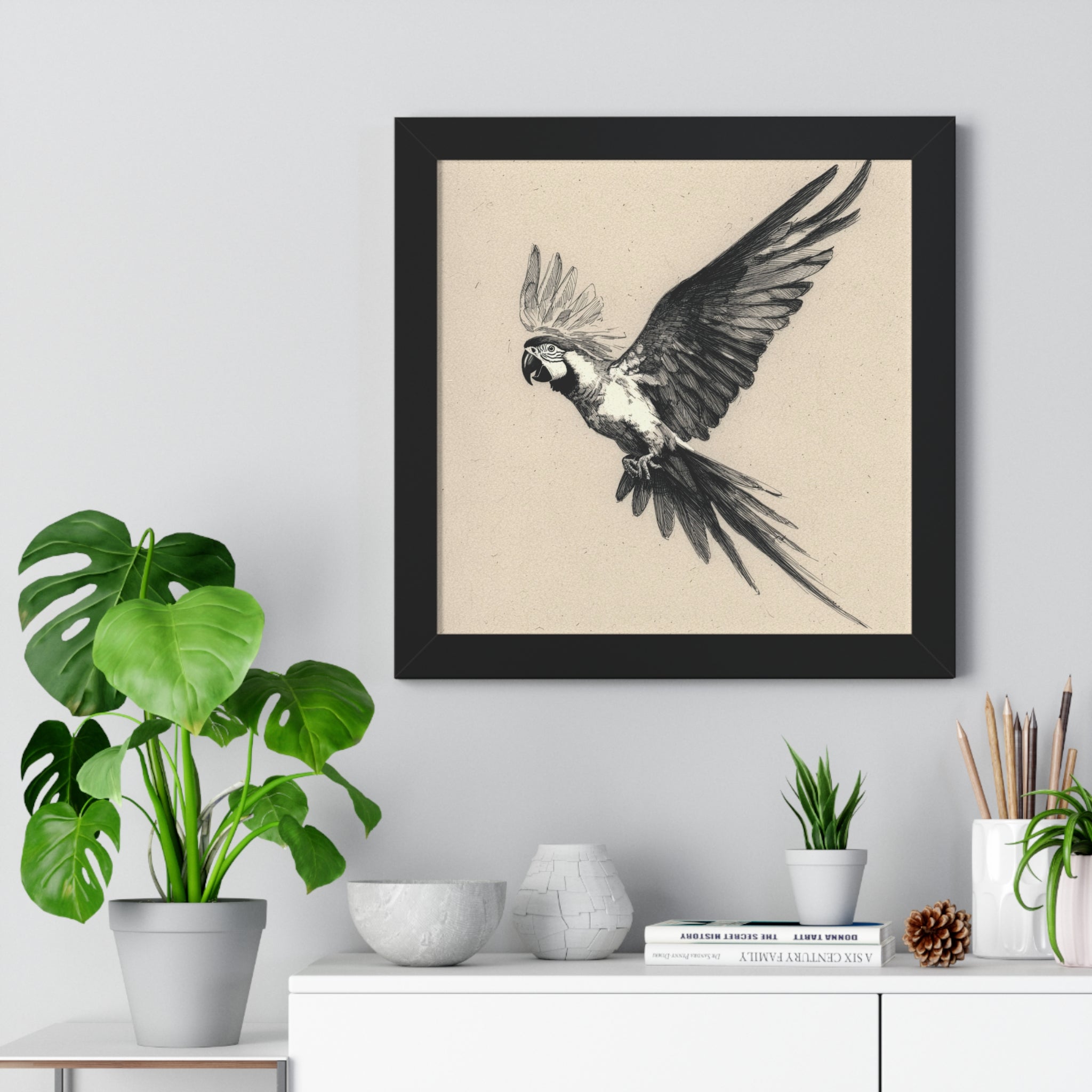 Framed Parrot Art Print — Vintage Black & White Aviary Poster