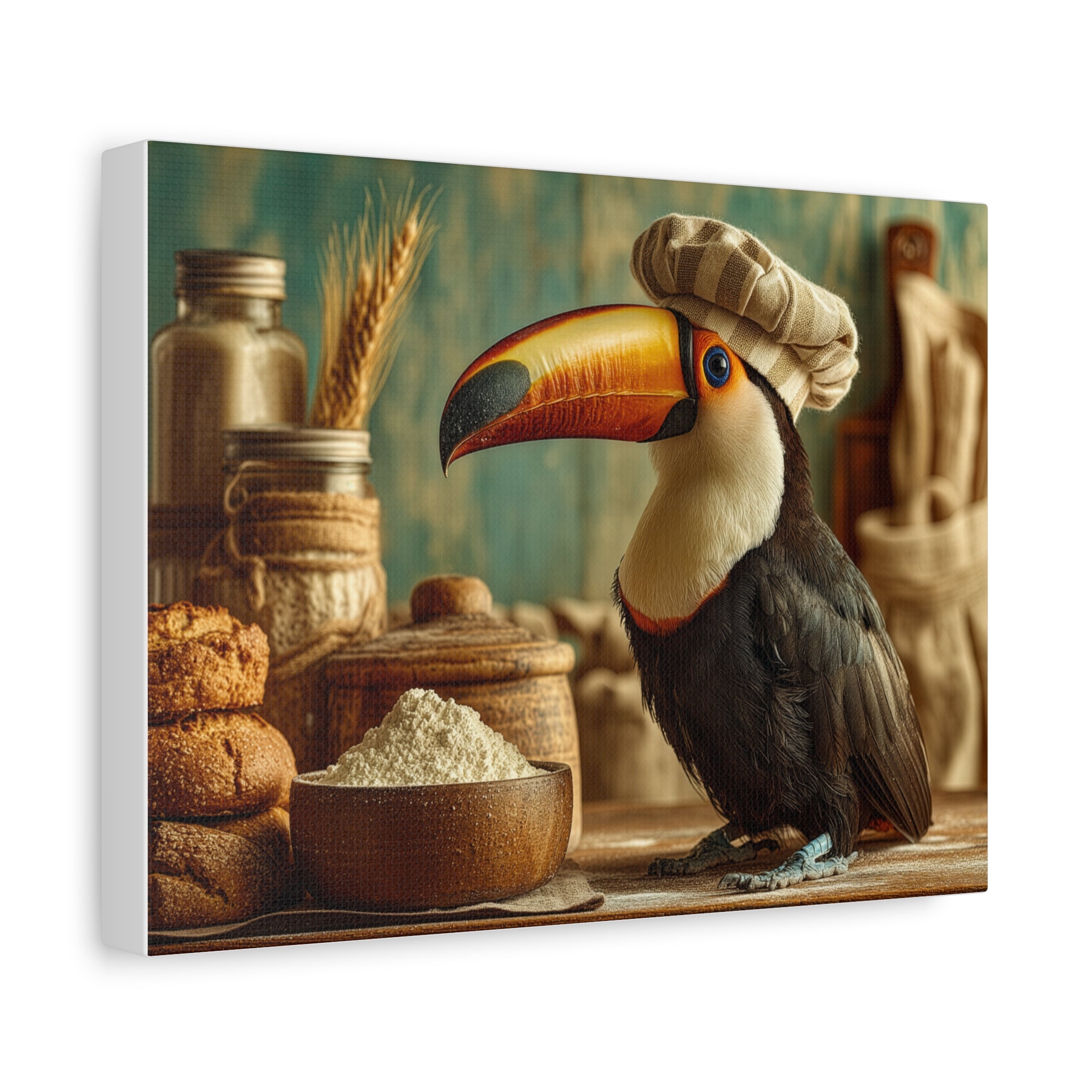Toucan Baker Canvas Print — Matte Stretched Wall Art for Kitchen Décor